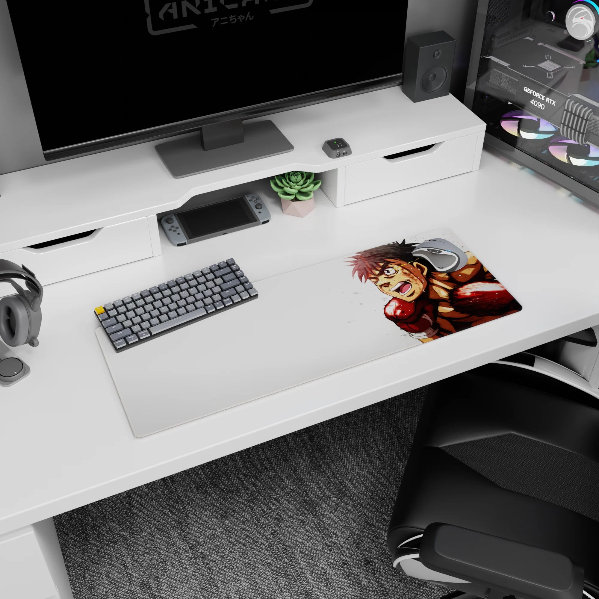 32x12 inches anime mouse pad showing a fierce boxer sprinting forward, bare shoulders and red gloves.