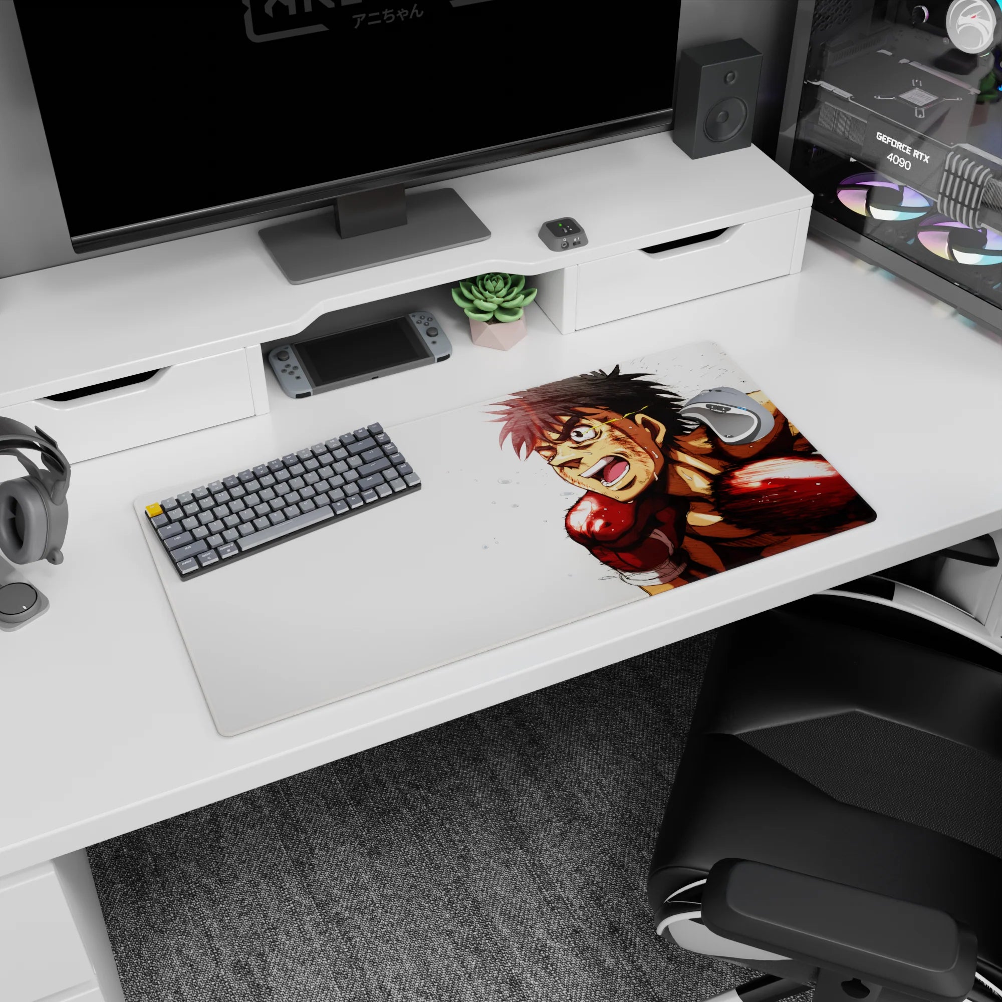 32x16 inches anime mouse pad showing a bare-shouldered boxer sprinting forward, fierce grin and red gloves.