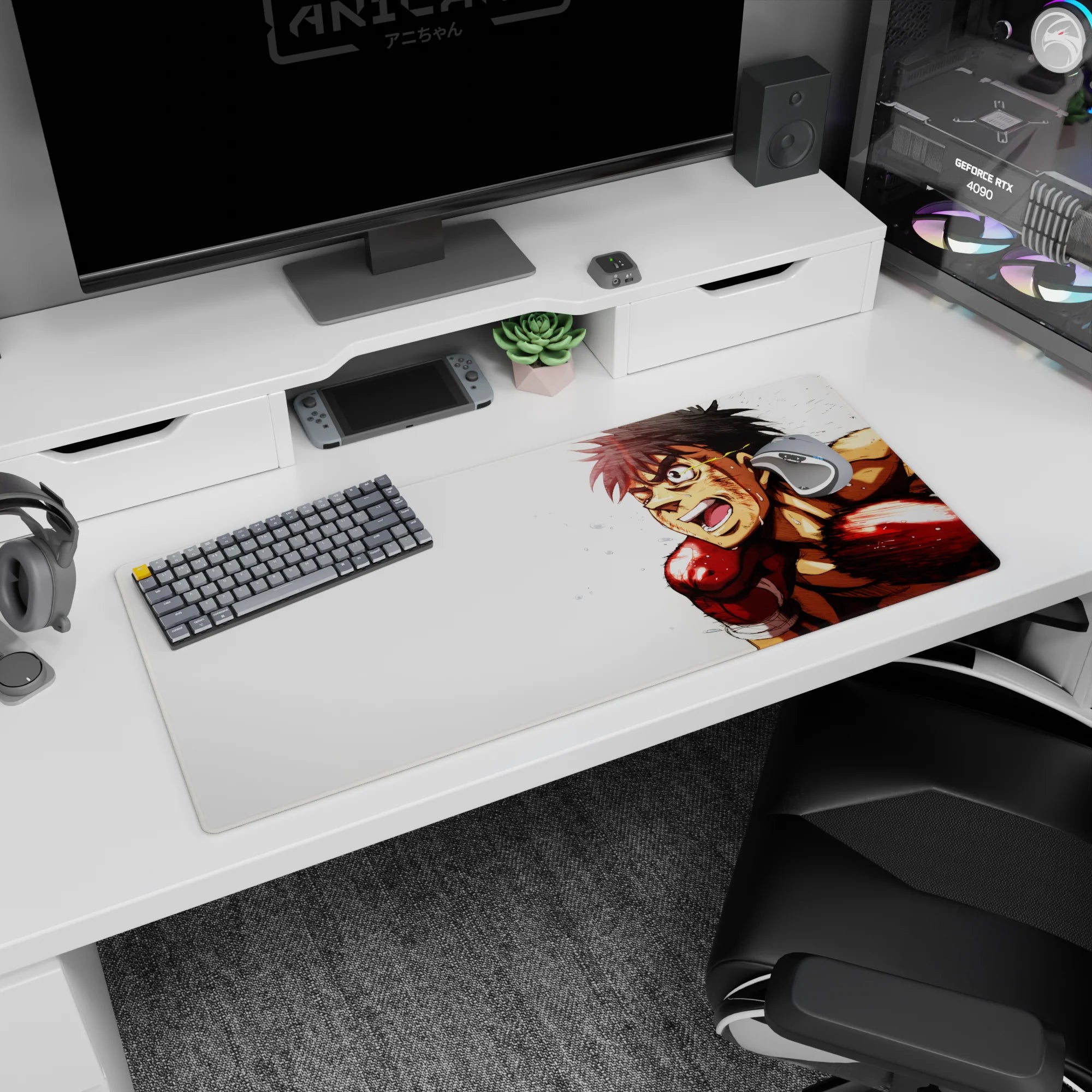 36x16 inches anime desk pad showing fierce fighter sprinting, red boxing gloves, intense eyes and speed lines.