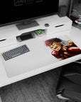36x16 inches anime desk pad showing fierce fighter sprinting, red boxing gloves, intense eyes and speed lines.