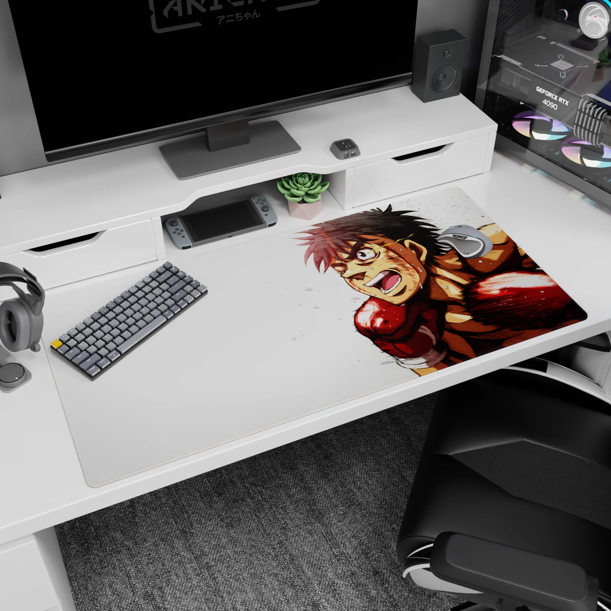 Fierce spiky-haired fighter sprinting forward on anime desk pad 40x20 inches, grinning with red gloves.