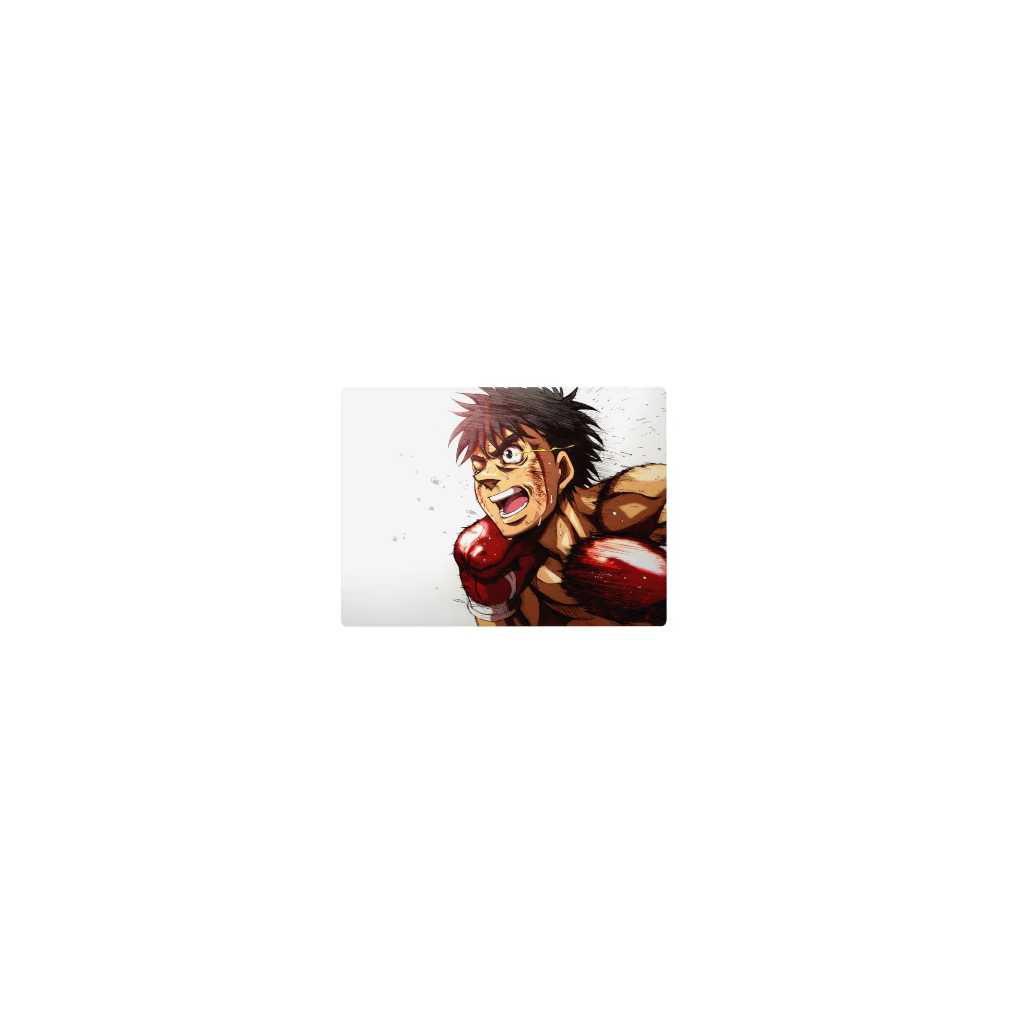 Classic anime mouse pad 14x10 inches with boxer in red gloves, spiky hair, speed lines on white.