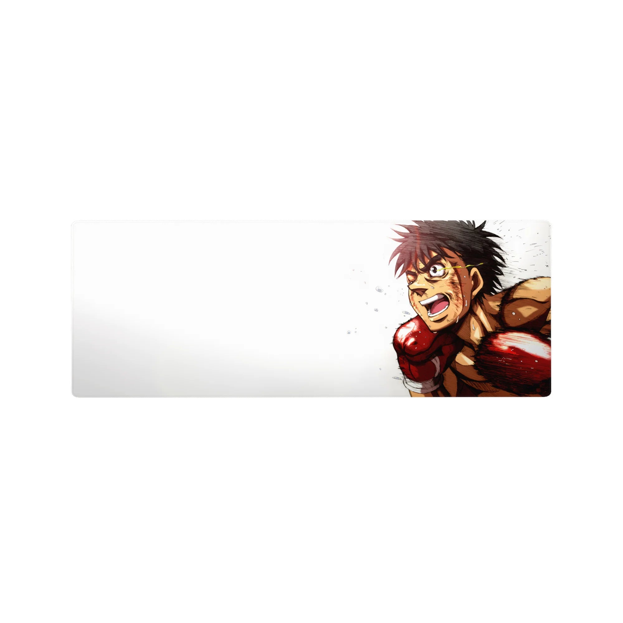 32x12 inches anime mouse pad with a boxer in red gloves, spiky dark hair, on a clean white background.