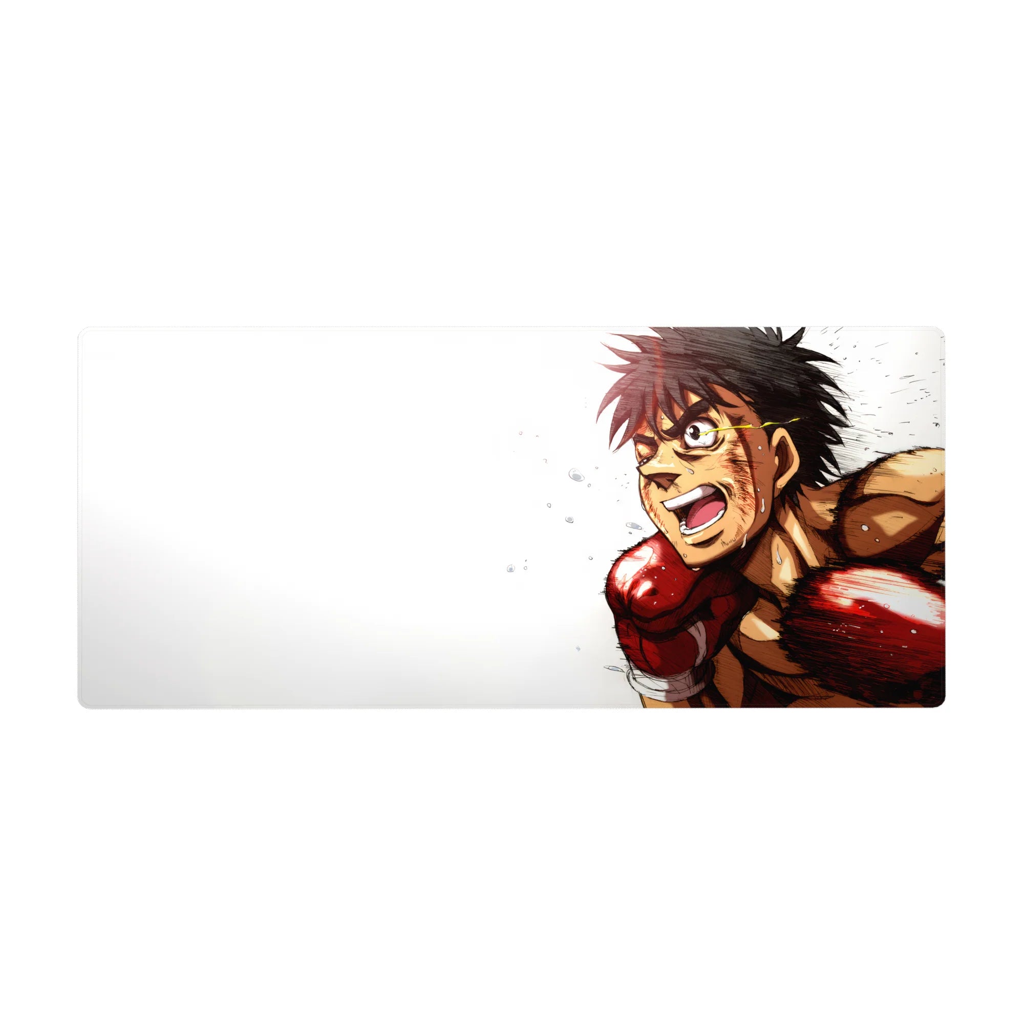 Anime desk pad 36x16 inches with boxer character, red gloves, spiky hair, clean white background.