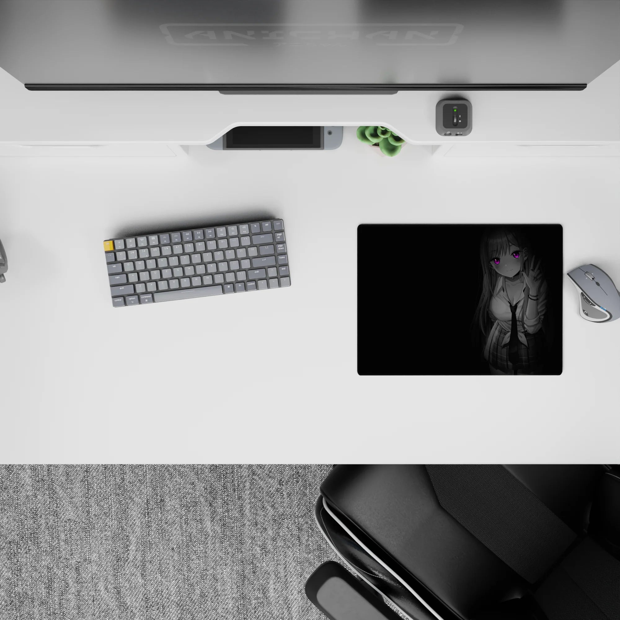 Grayscale noir mouse pad 14x10 inches with glowing purple eyes, sleek minimalist vibe and smooth tracking.