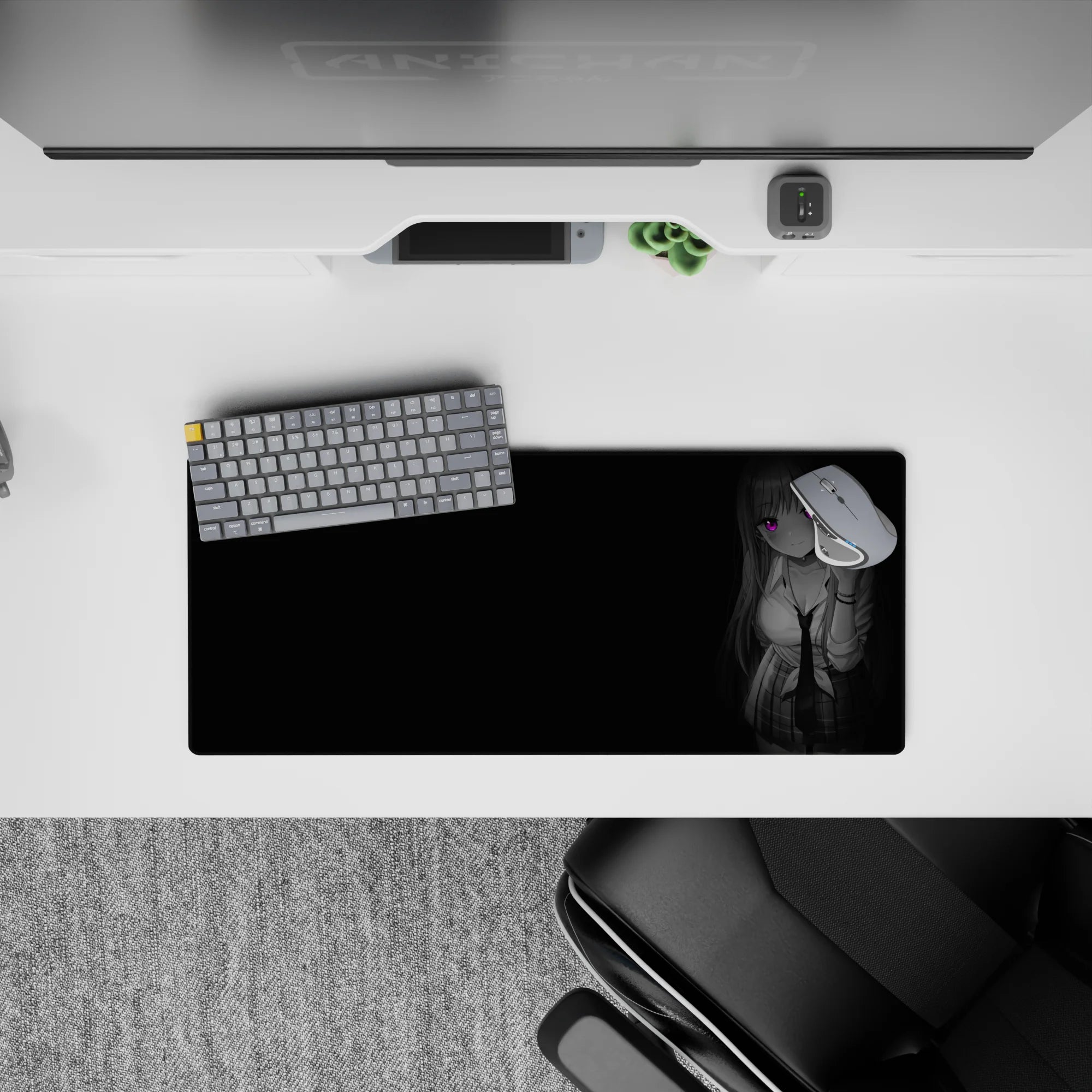 Grayscale desk mat mouse pad 28x12 inches with neon purple glow, sleek noir vibe, clean space.