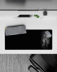 Grayscale desk mat mouse pad 28x12 inches with neon purple glow, sleek noir vibe, clean space.