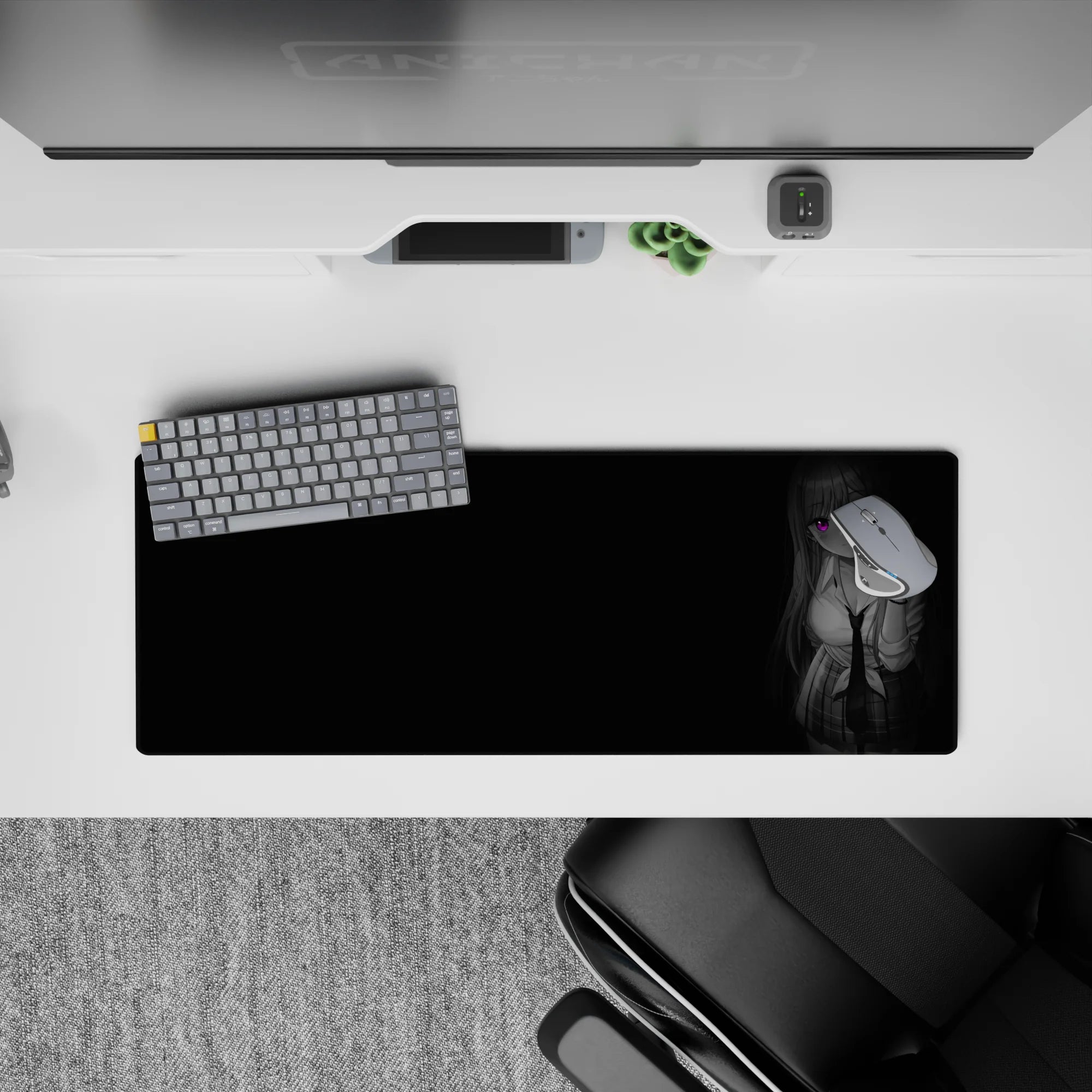 Anime girl mouse pad 32x12 inches in grayscale noir with striking neon violet eyes glow, sleek vibe.