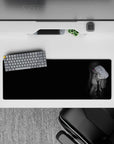Anime girl mouse pad 32x12 inches in grayscale noir with striking neon violet eyes glow, sleek vibe.