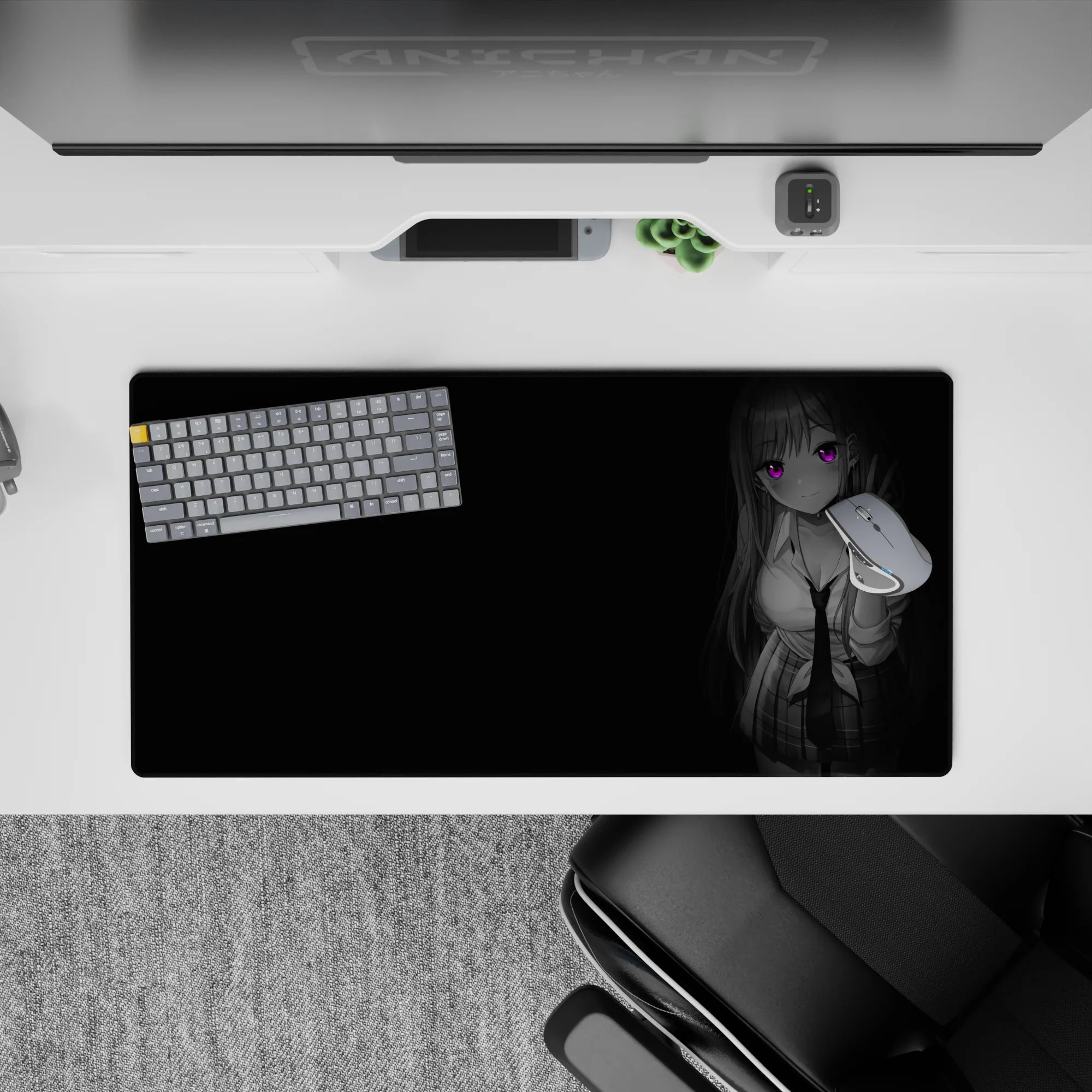 Noir grayscale anime mouse pad 32x16 inches with neon violet glowing eyes, sleek negative space vibe.