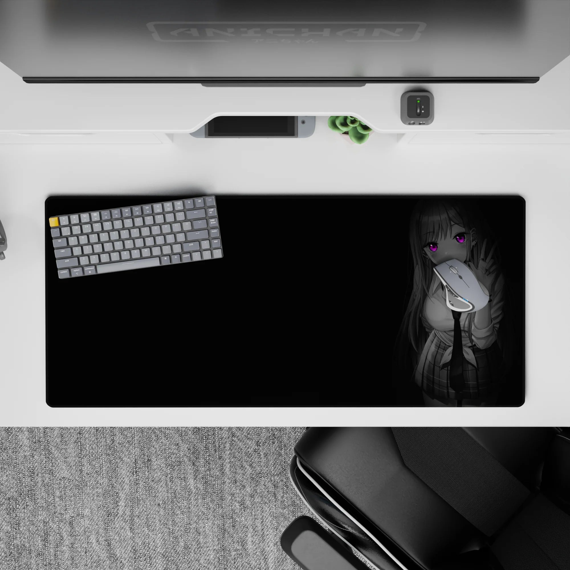 36x16 inches anime desk pad in sleek grayscale noir with neon violet glowing eyes, moody cyber vibe.