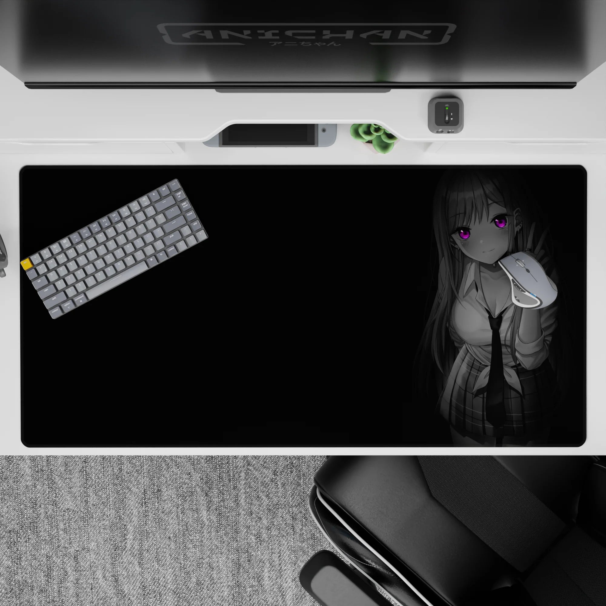 40x20 inches anime desk pad in grayscale with neon violet eyes, soft noir mood and clean negative space.