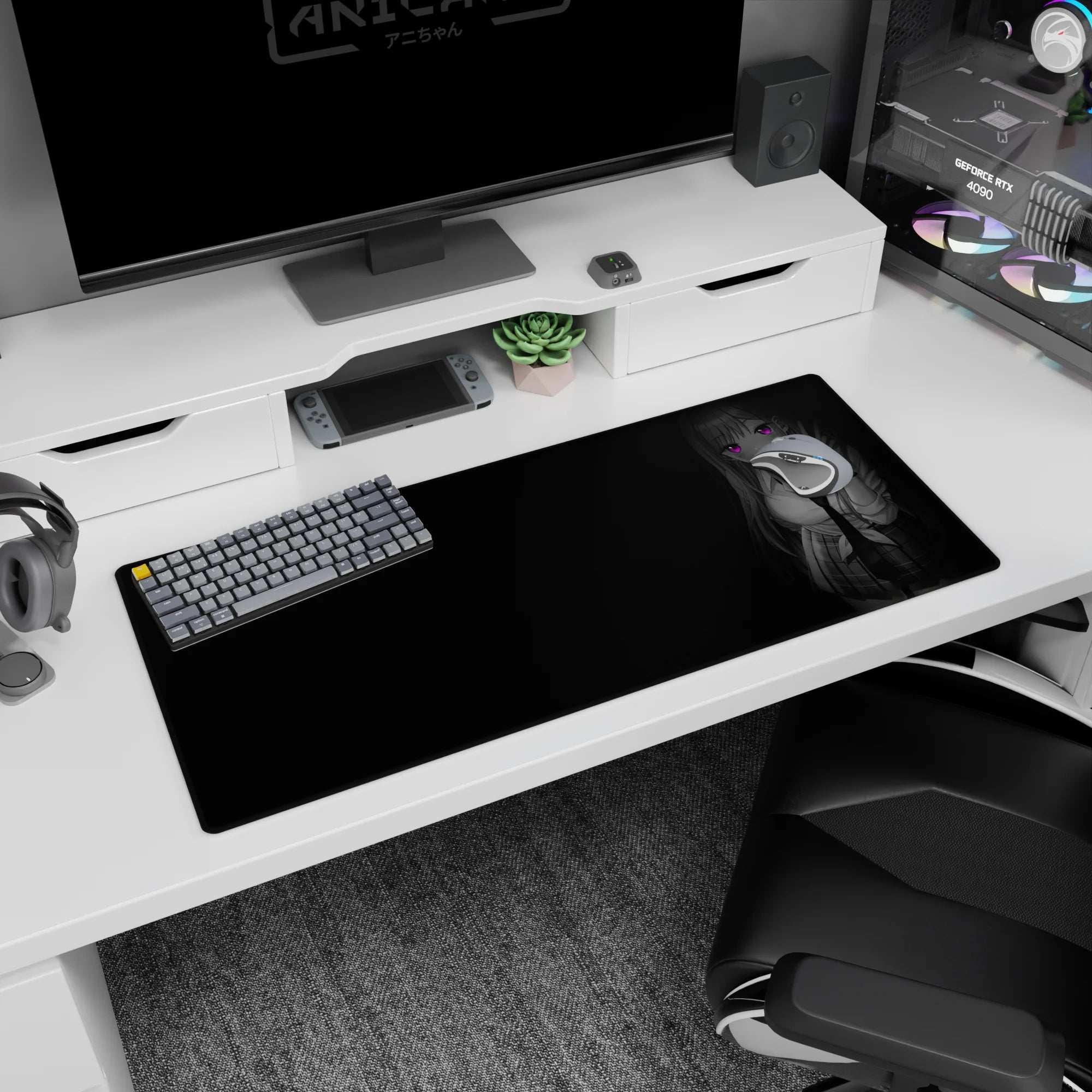 36x16 inches anime girl desk pad showing long-haired girl in white shirt and tie, plaid skirt, leaning in.