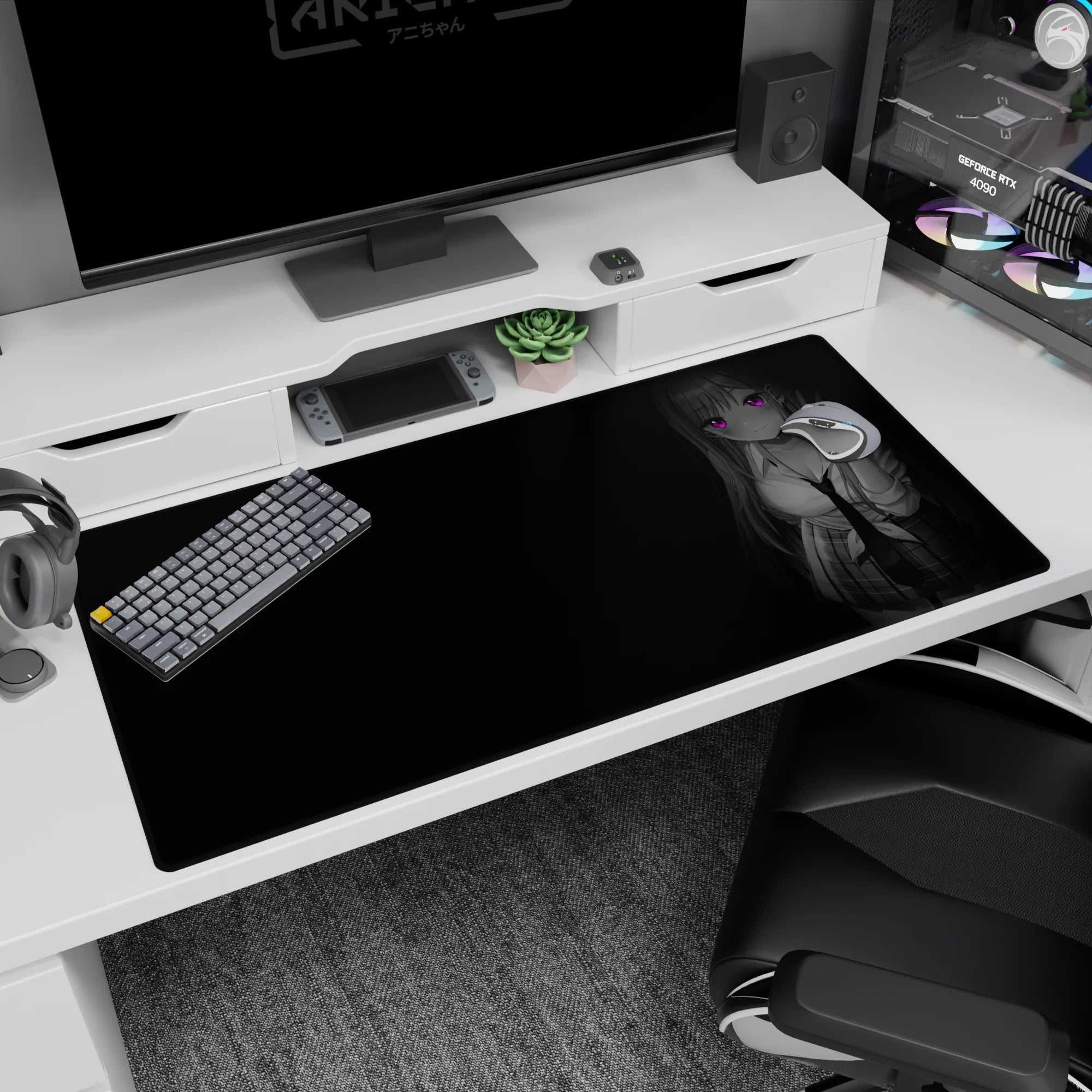 Anime girl desk pad 40x20 inches showing long-haired schoolgirl leaning close, loosened tie, violet glow eyes.
