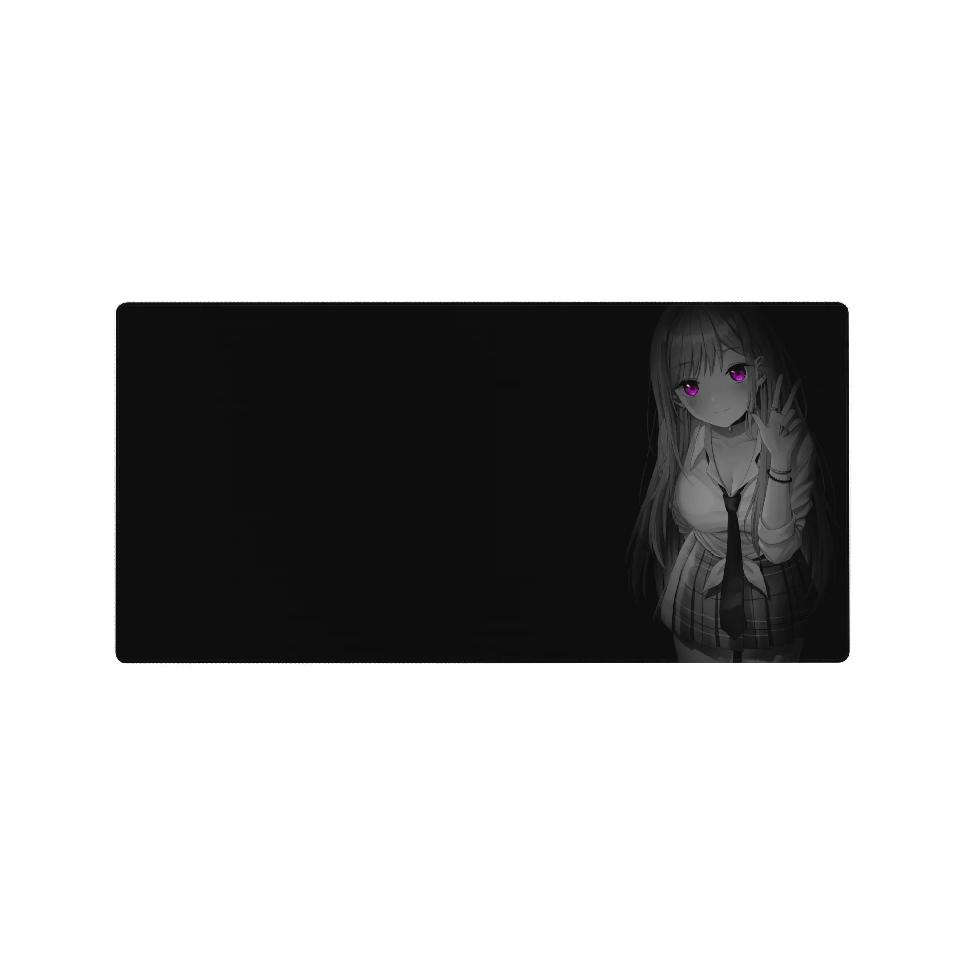 Anime girl mouse pad 32x16 inches with long-haired student, white shirt, loose tie, plaid skirt, peace sign.