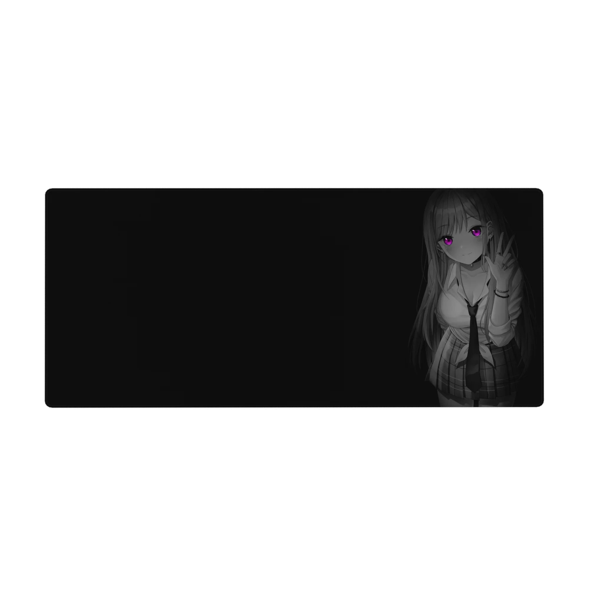 36x16 inches anime girl desk pad with noir grayscale art, school outfit, peace sign, clean negative space.