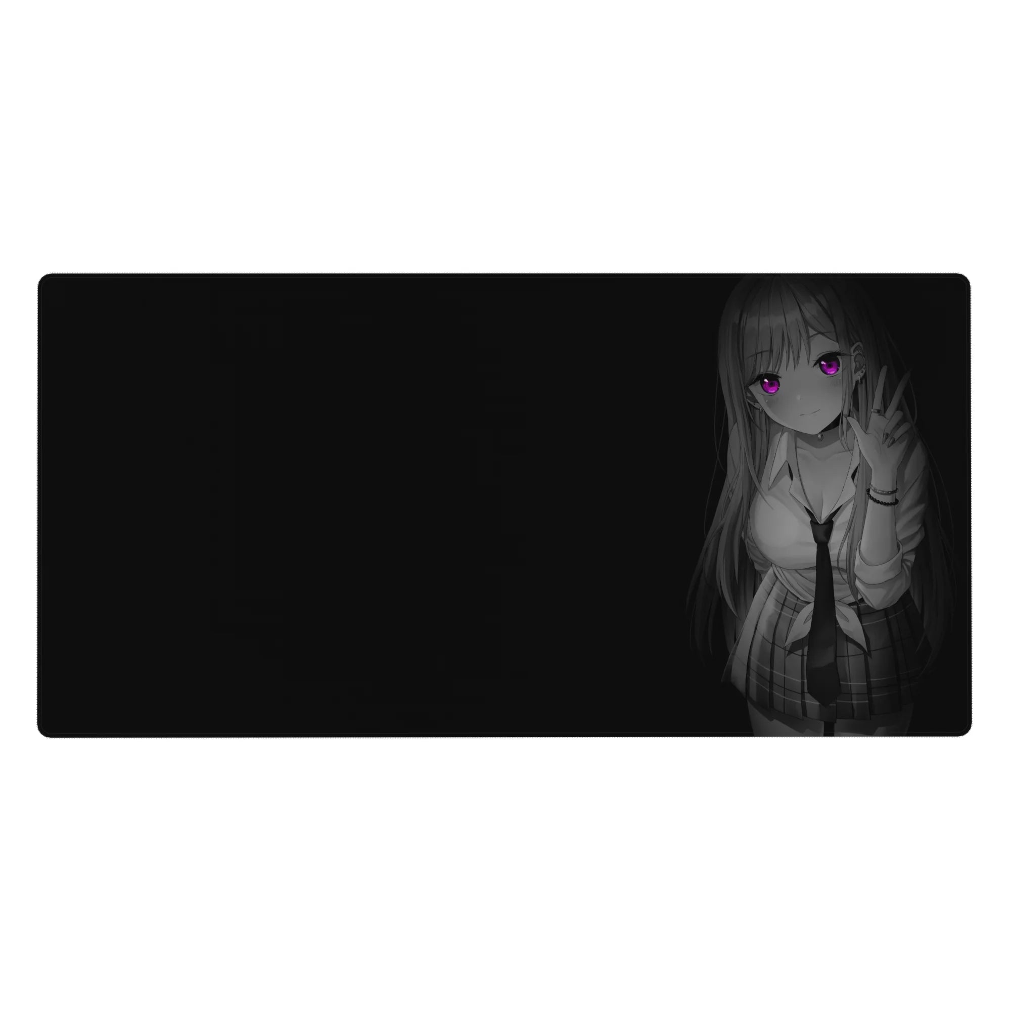Anime girl desk pad 40x20 inches with peace sign pose, white shirt, black tie, plaid skirt, noir style.