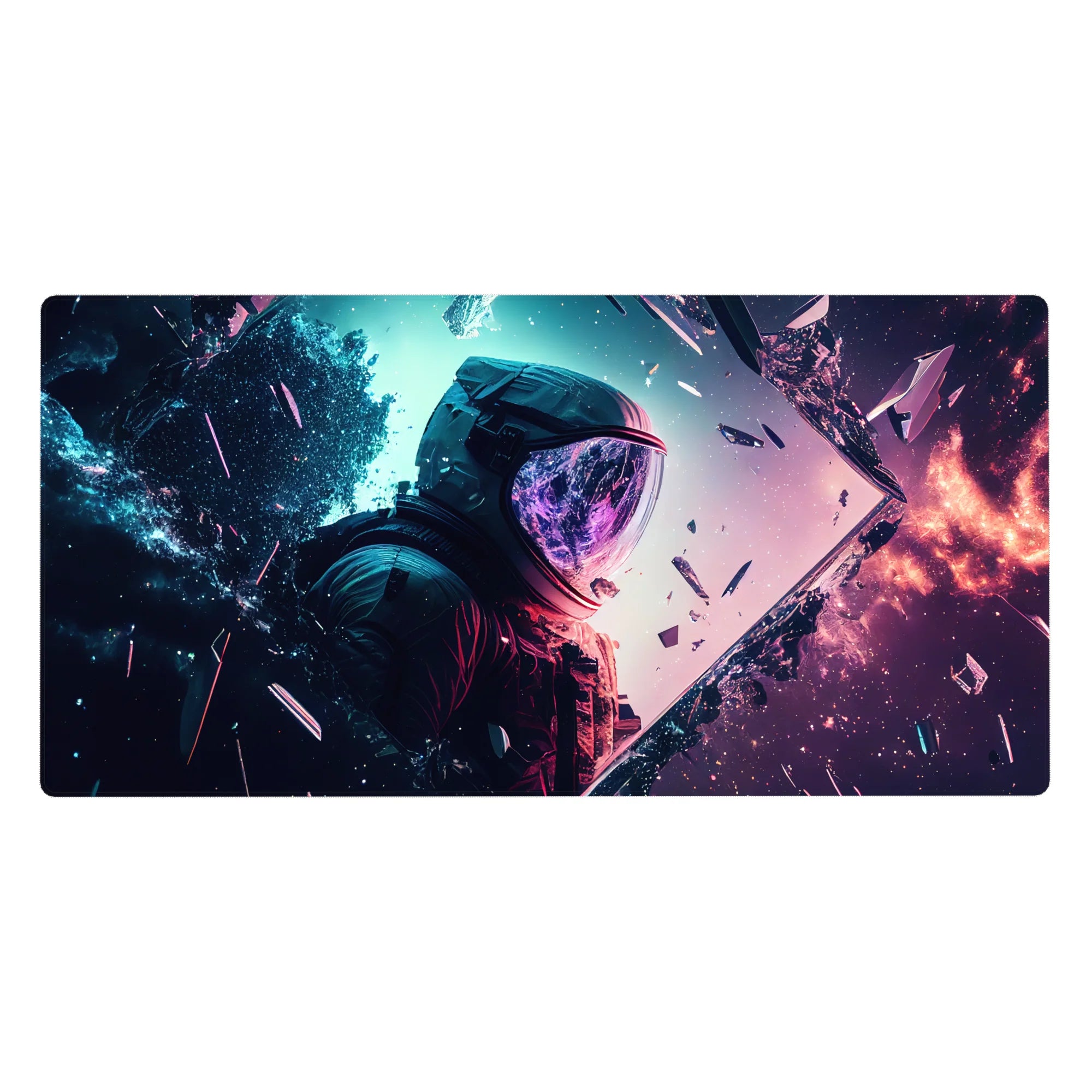 Cosmic desk pad 40x20 inches with nebula-inspired design, featuring astronaut silhouette and colorful star details.