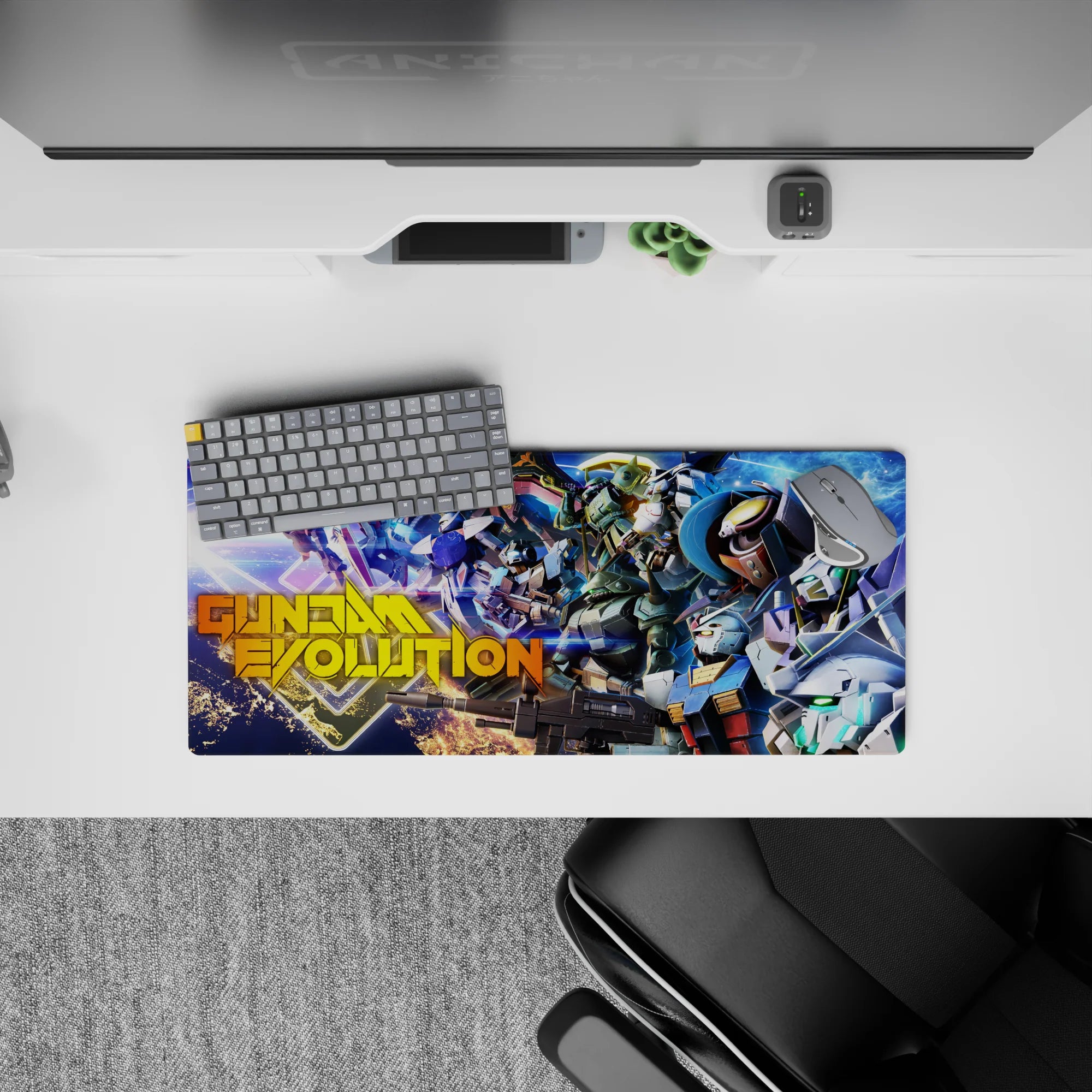 Neon blue and electric purple space anime mouse pad 28x12 inches with white, red, and gold mechs.