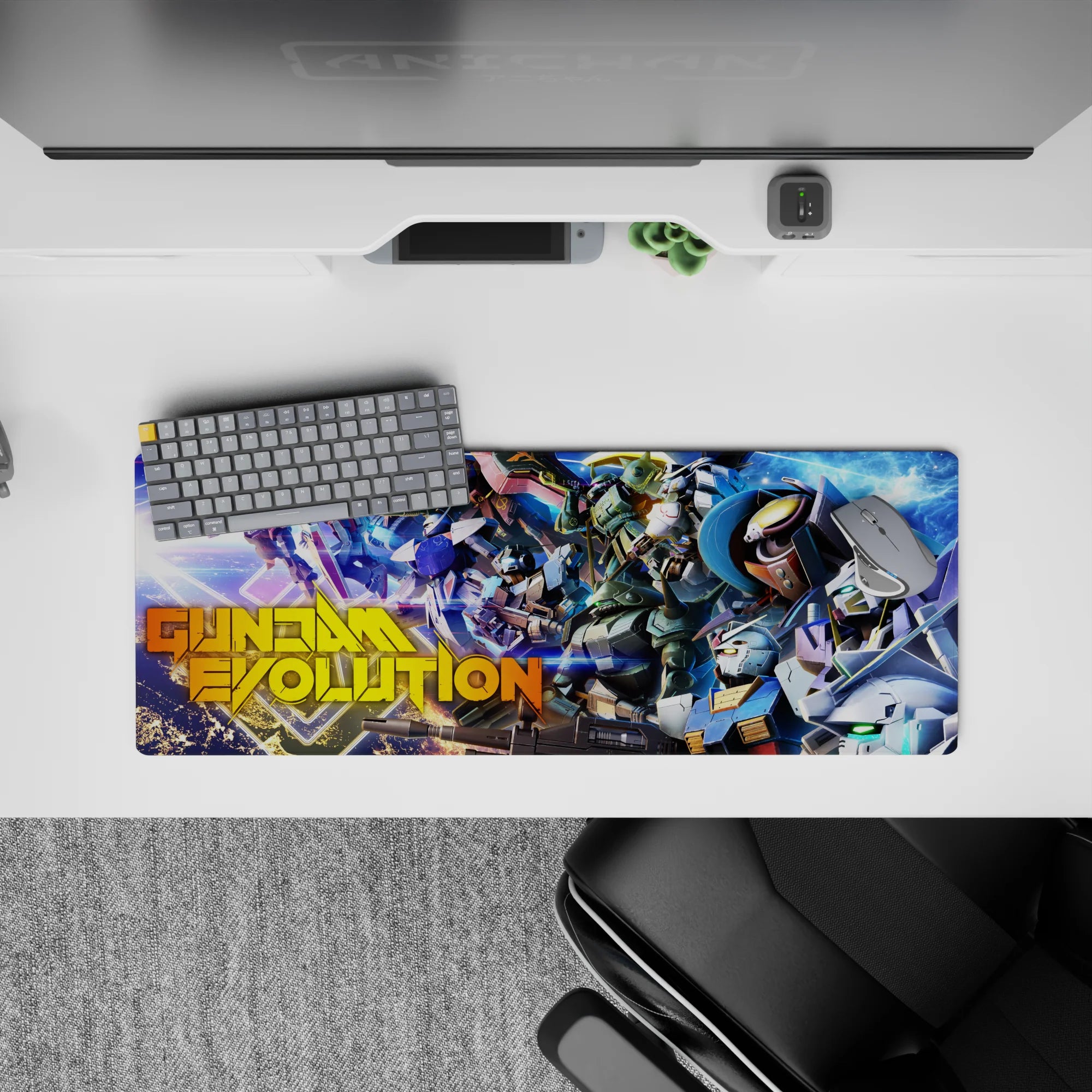 Neon space anime mouse pad 32x12 inches in electric purples and blues with sharp whites, reds, and gold trim.