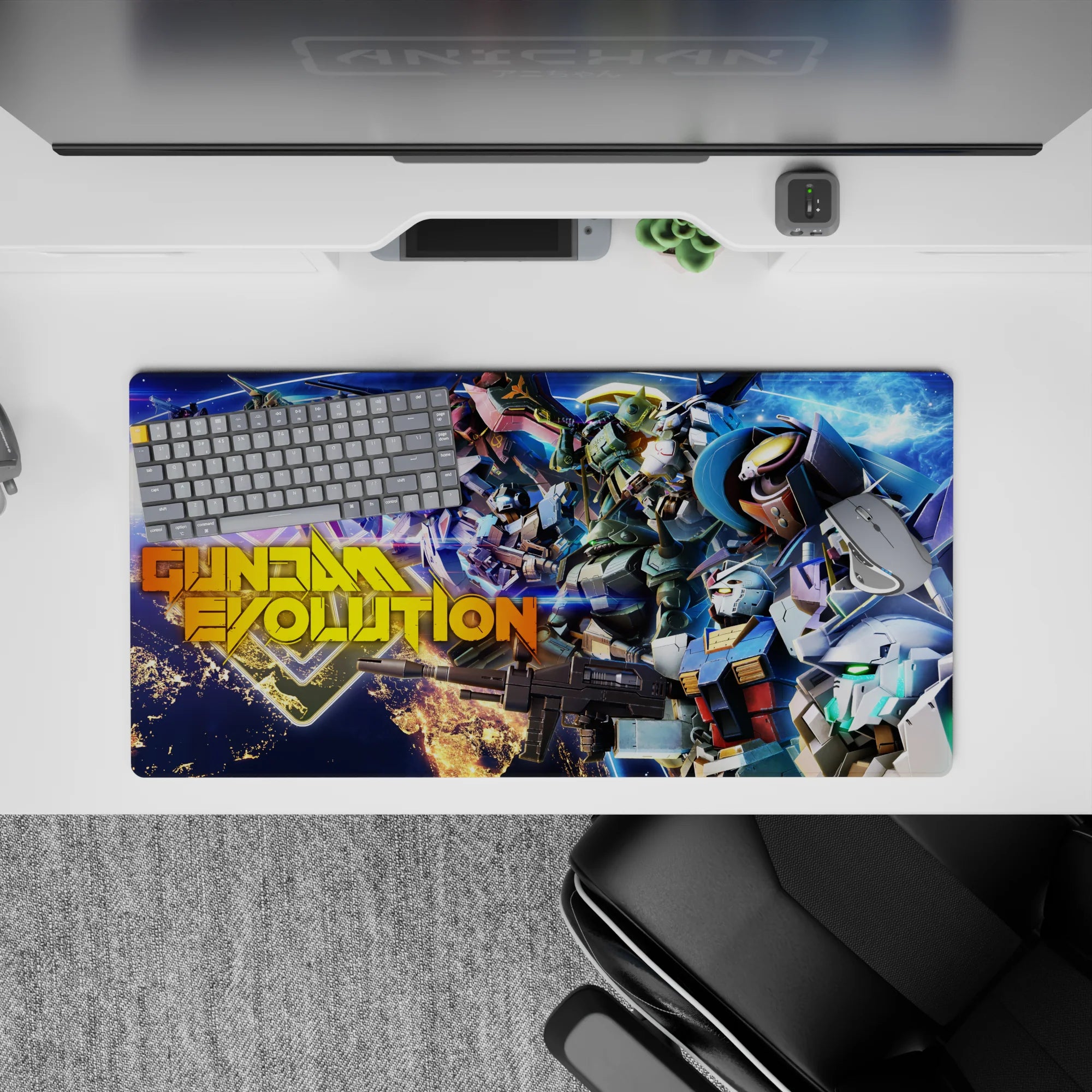 Neon blue and electric purple starfield anime mouse pad 32x16 inches with white, red, and gold accents.