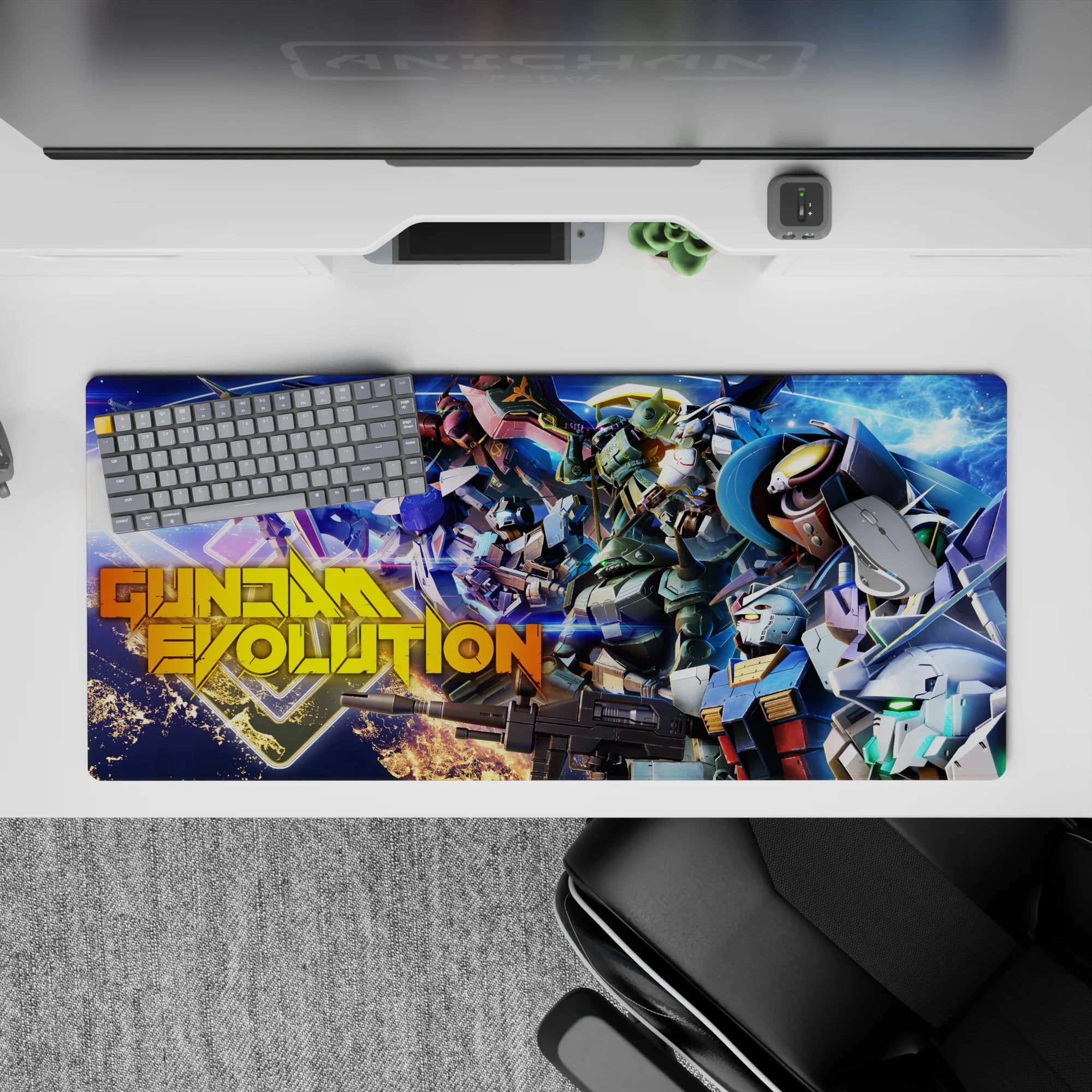 Anime desk pad 36x16 inches in electric blues and purples with sharp white, red, and gold mecha accents.