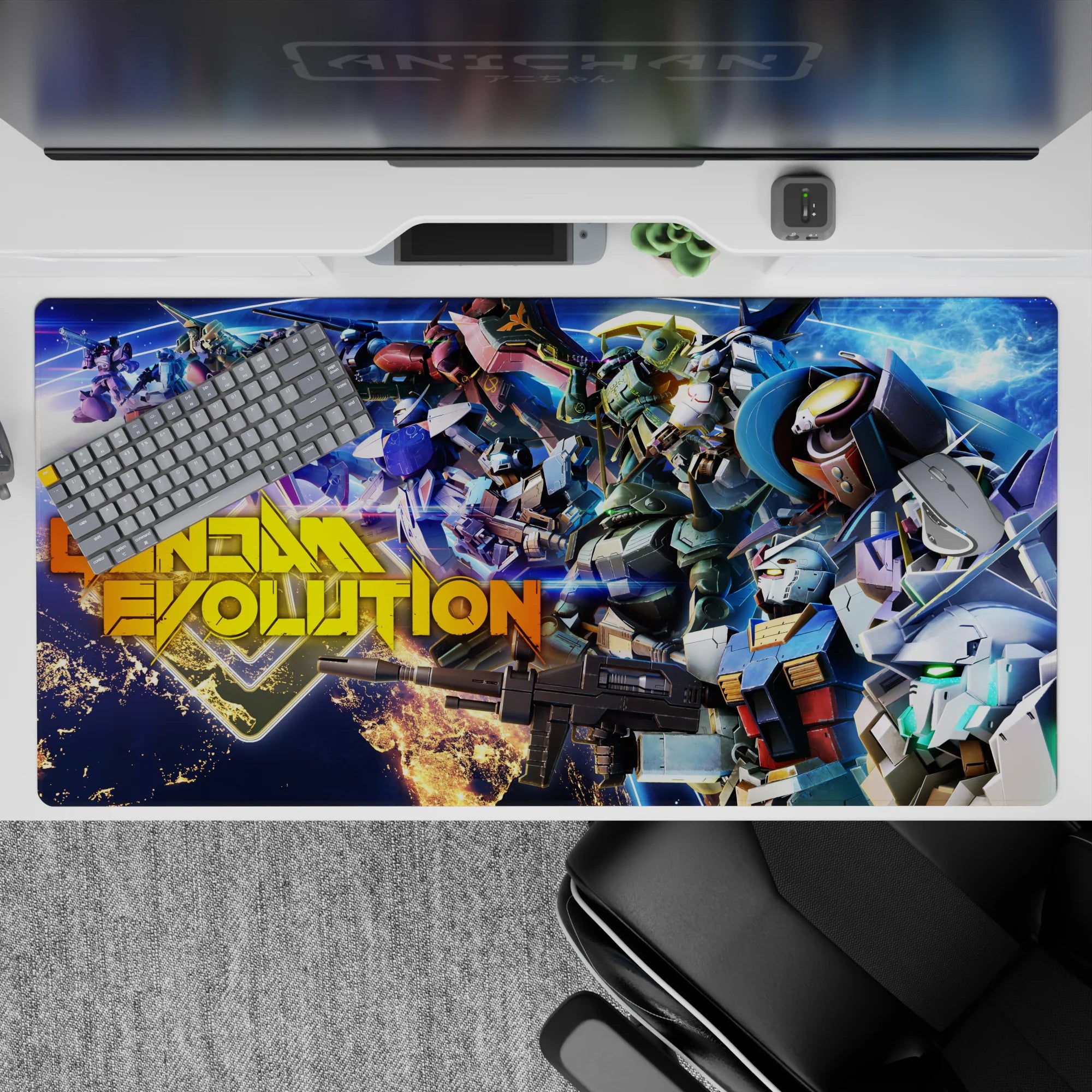 Neon blue and electric purple anime desk pad 40x20 inches with sparks, stardust, and glowing visors.