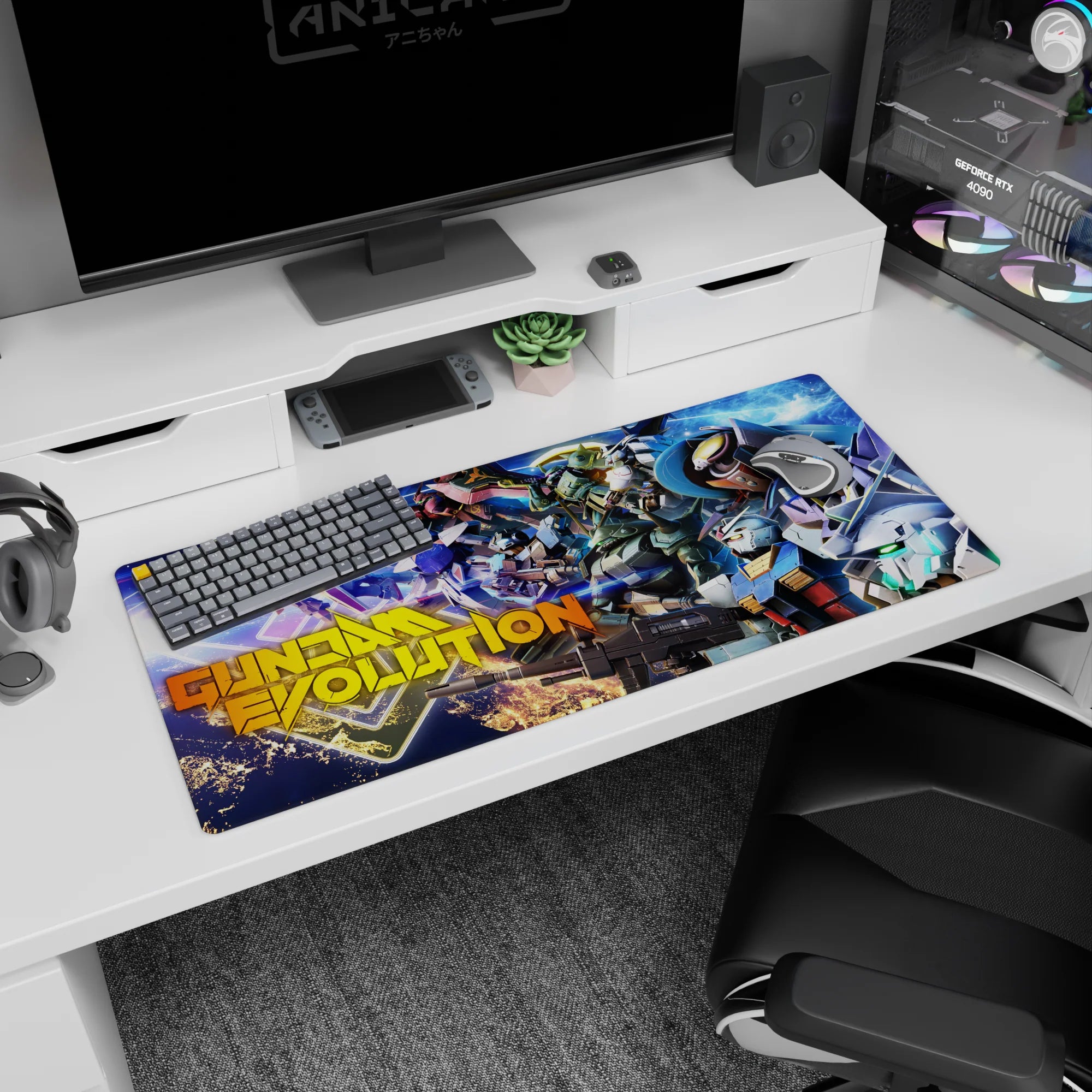Gundam Evolution desk pad 36x16 inches showing Mobile Suits charging through sparks and stardust in space.
