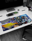 Gundam Evolution desk pad 36x16 inches showing Mobile Suits charging through sparks and stardust in space.