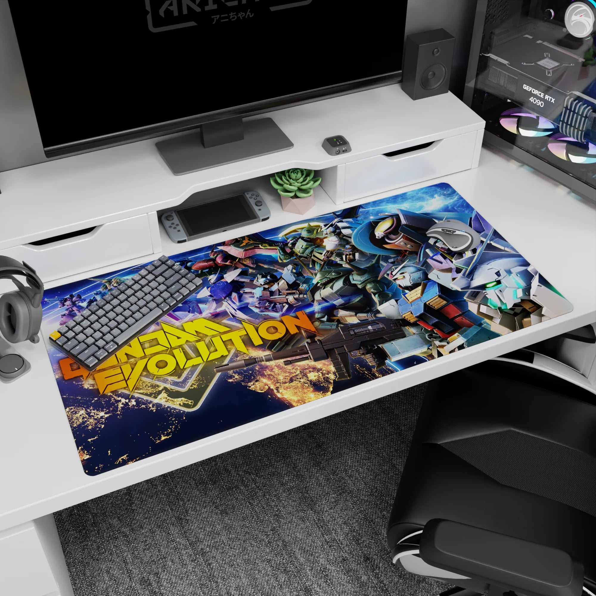 Mobile suits charging through neon space scene on anime desk pad 40x20 inches, white red and gold trim.