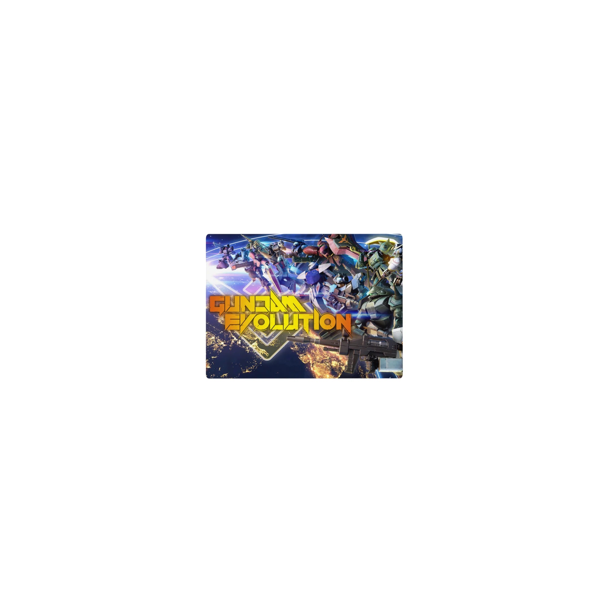 Gundam Evolution anime mouse pad 14x10 inches with detailed Mobile Suits, rifles, and neon space backdrop.