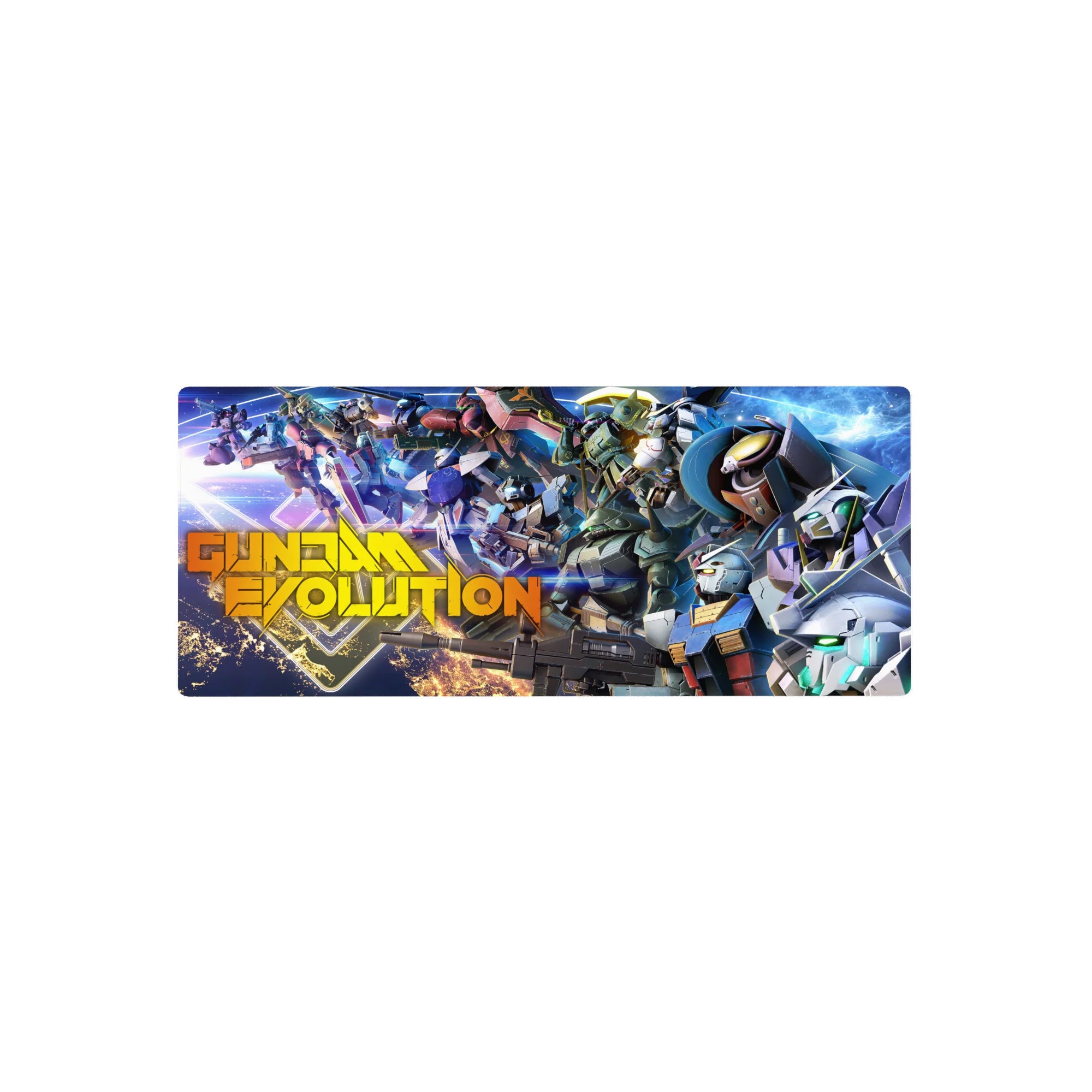 Gundam Evolution anime mouse pad 28x12 inches with detailed Mobile Suits, rifles, and glowing visors.