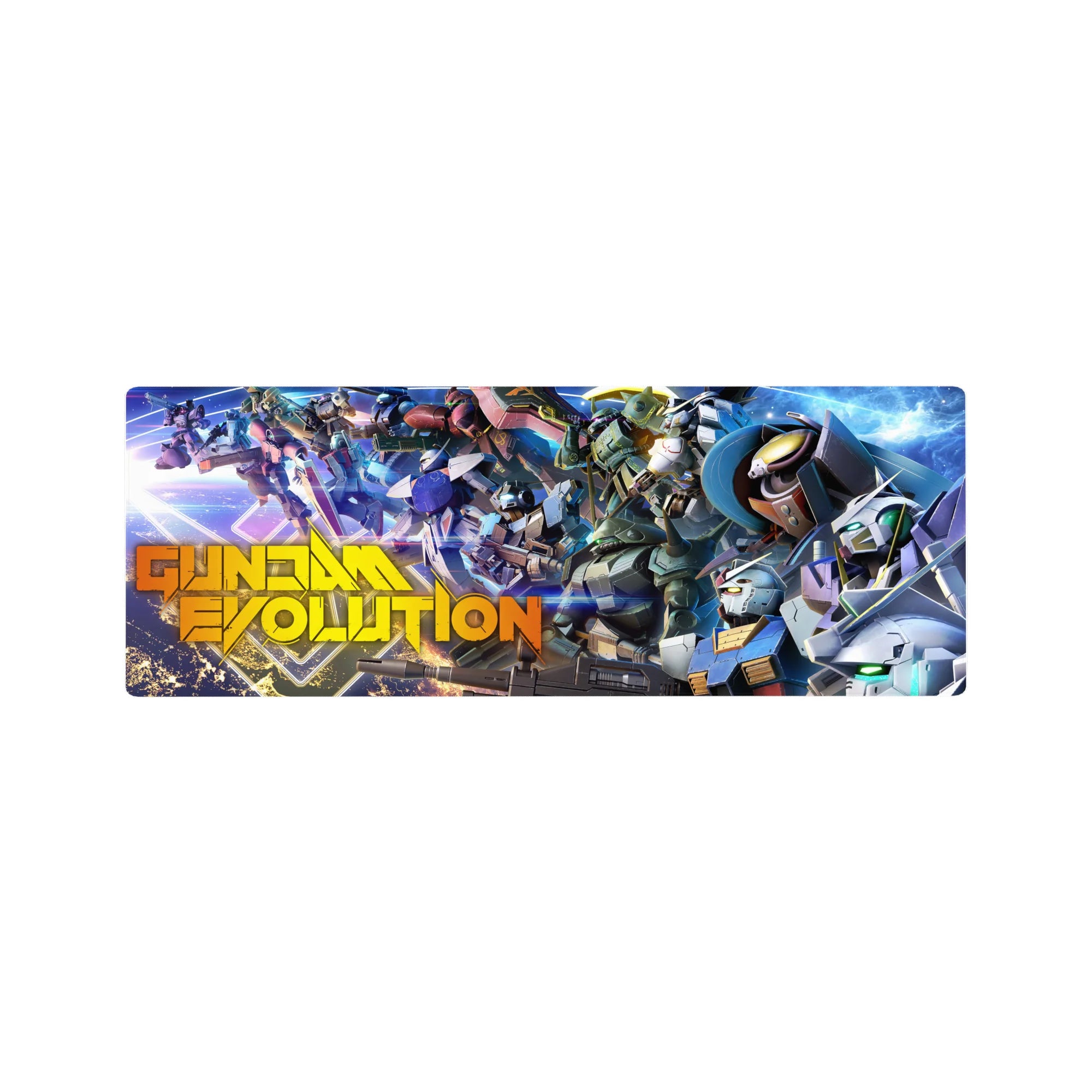 Gundam Evolution anime mouse pad 32x12 inches with a squad of Mobile Suits, rifles, and mech panel lines.