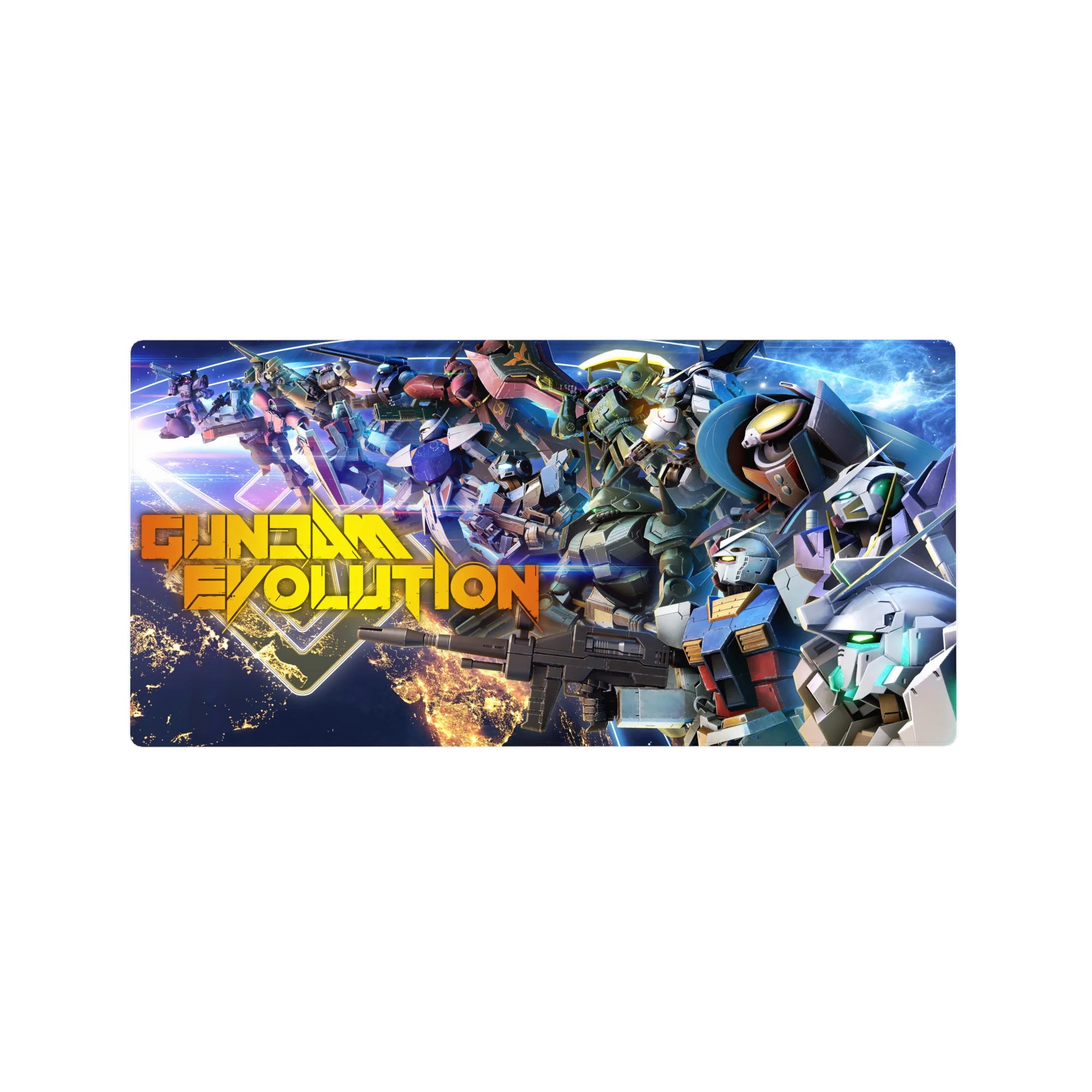Gundam Evolution anime mouse pad 32x16 inches with detailed Mobile Suits, rifles, and mech panel lines.