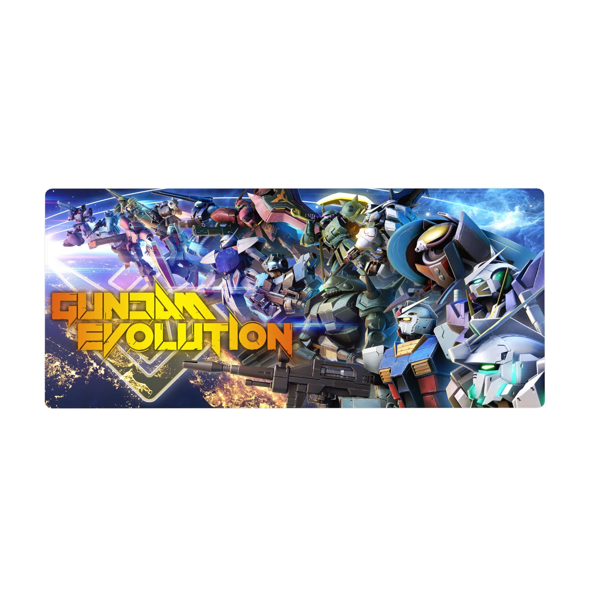 Gundam Evolution anime desk pad 36x16 inches with squad of Mobile Suits, neon space, rifles, and mech detail.