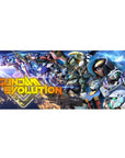 Gundam Evolution anime desk pad 36x16 inches with squad of Mobile Suits, neon space, rifles, and mech detail.