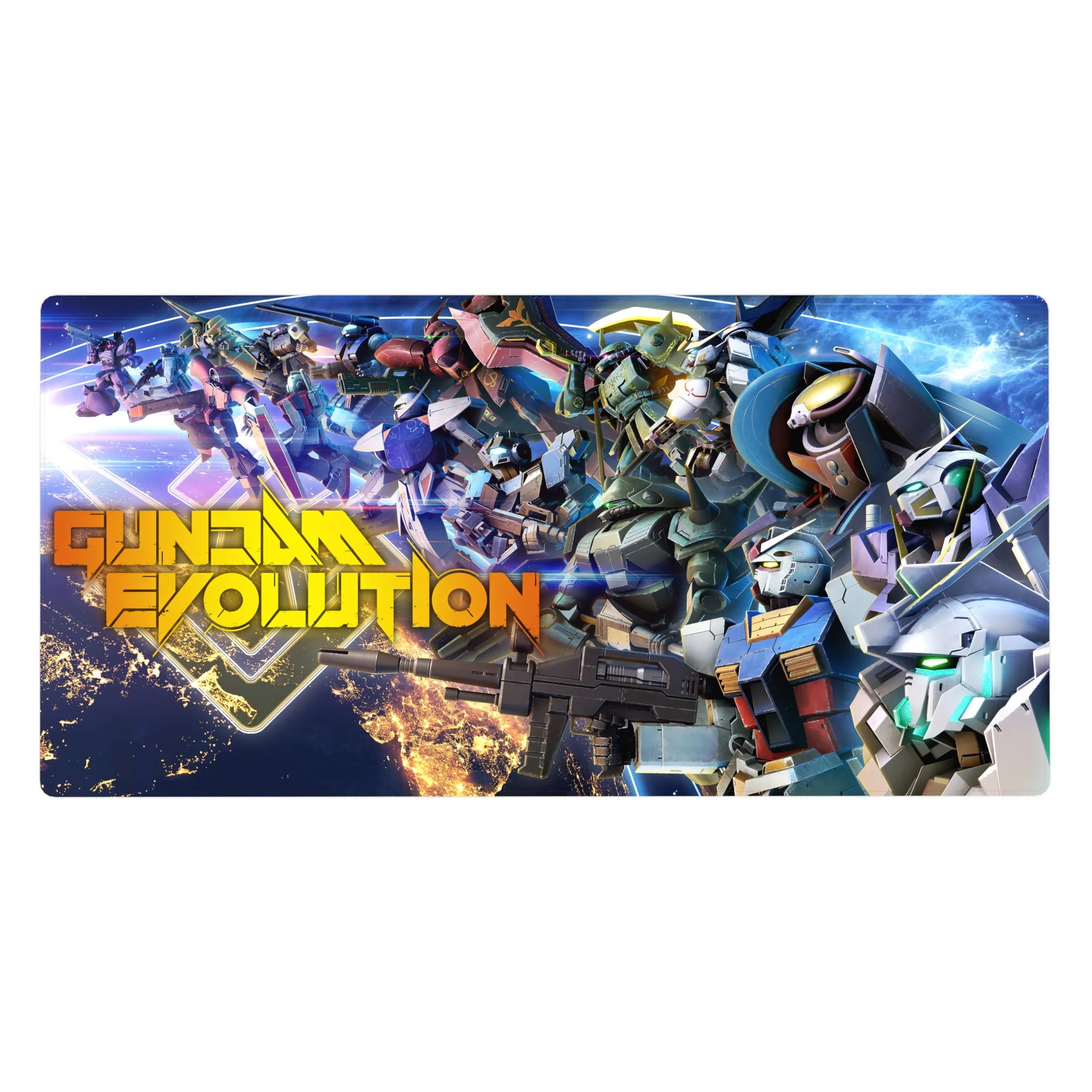 Gundam Evolution anime desk pad 40x20 inches with a squad of mobile suits, rifles, and mech panel detail.