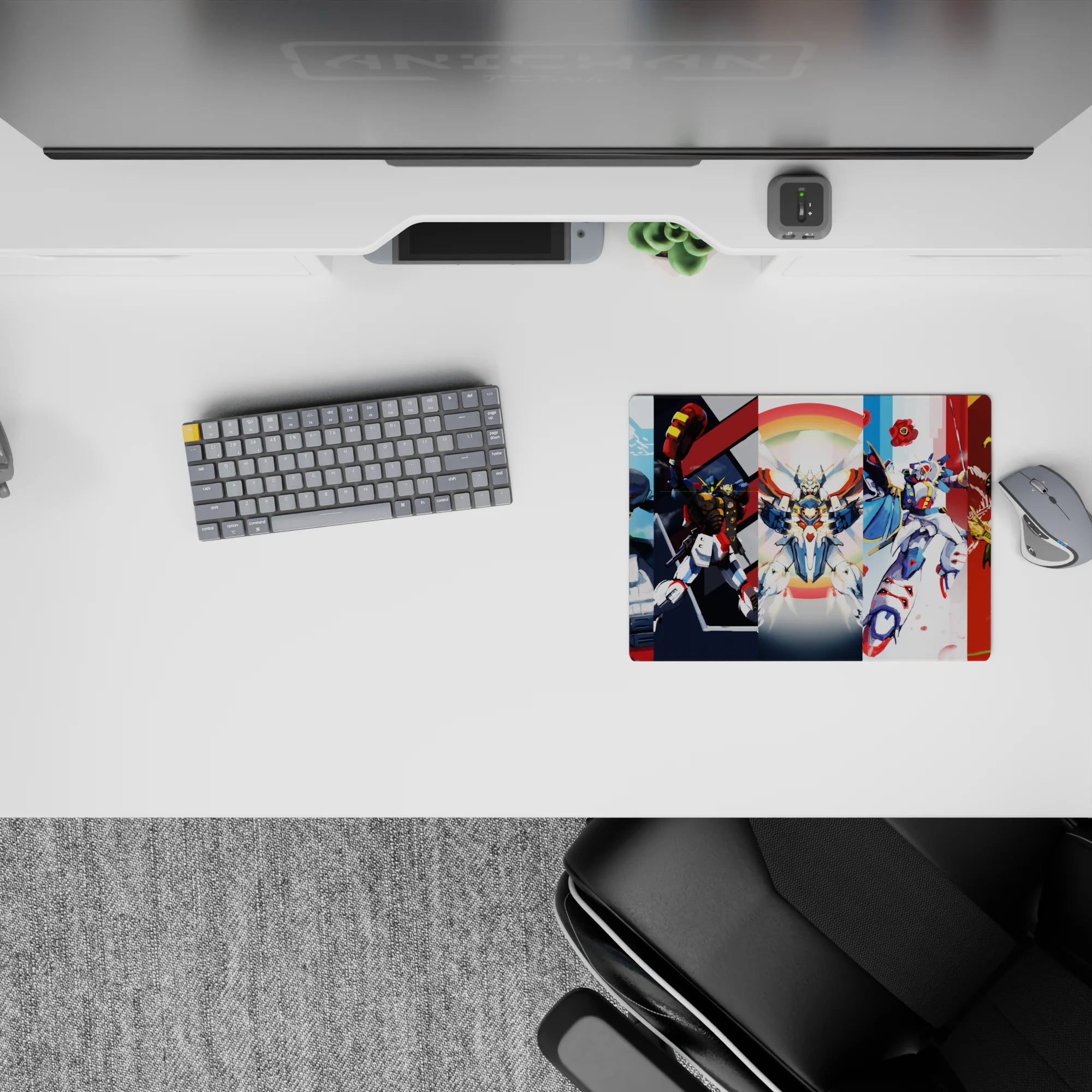 14x10 inches classic anime mouse pad in red, white, and blue with a soft rainbow halo, crisp and chaotic.