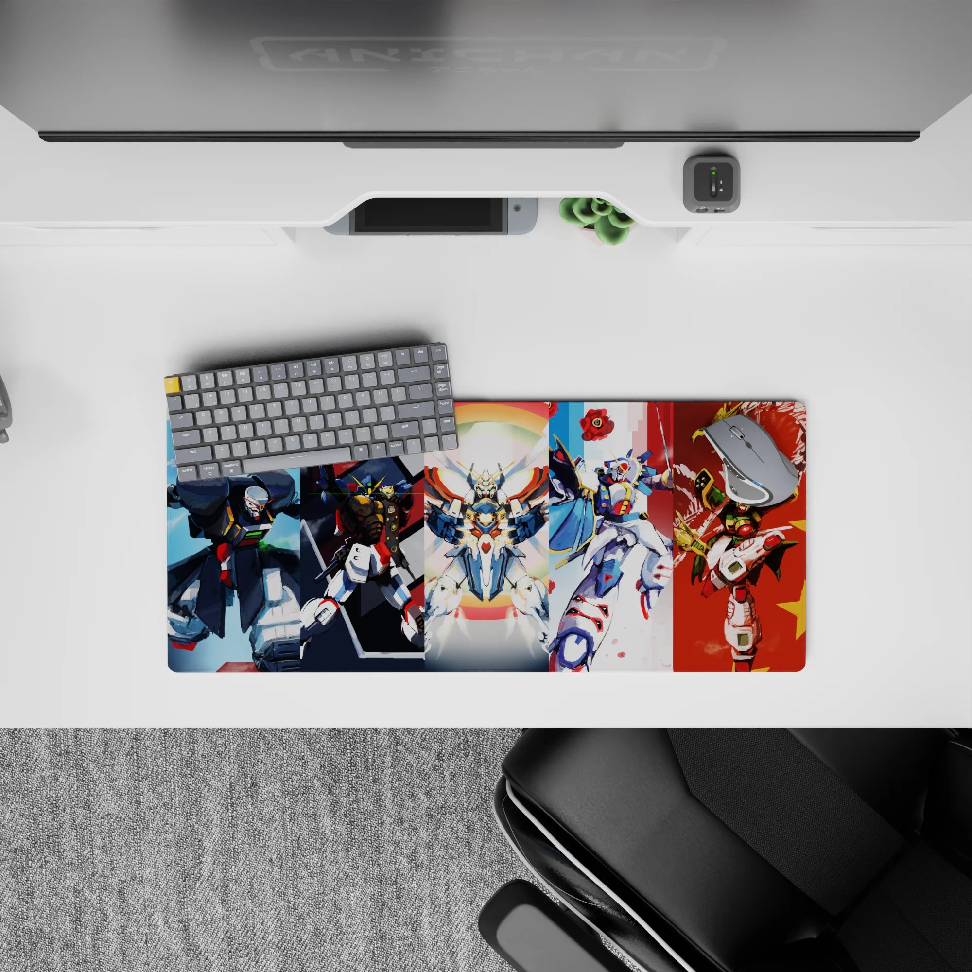 28x12 inches anime mouse pad in red, white, and blue with a soft rainbow halo and chaotic energy.