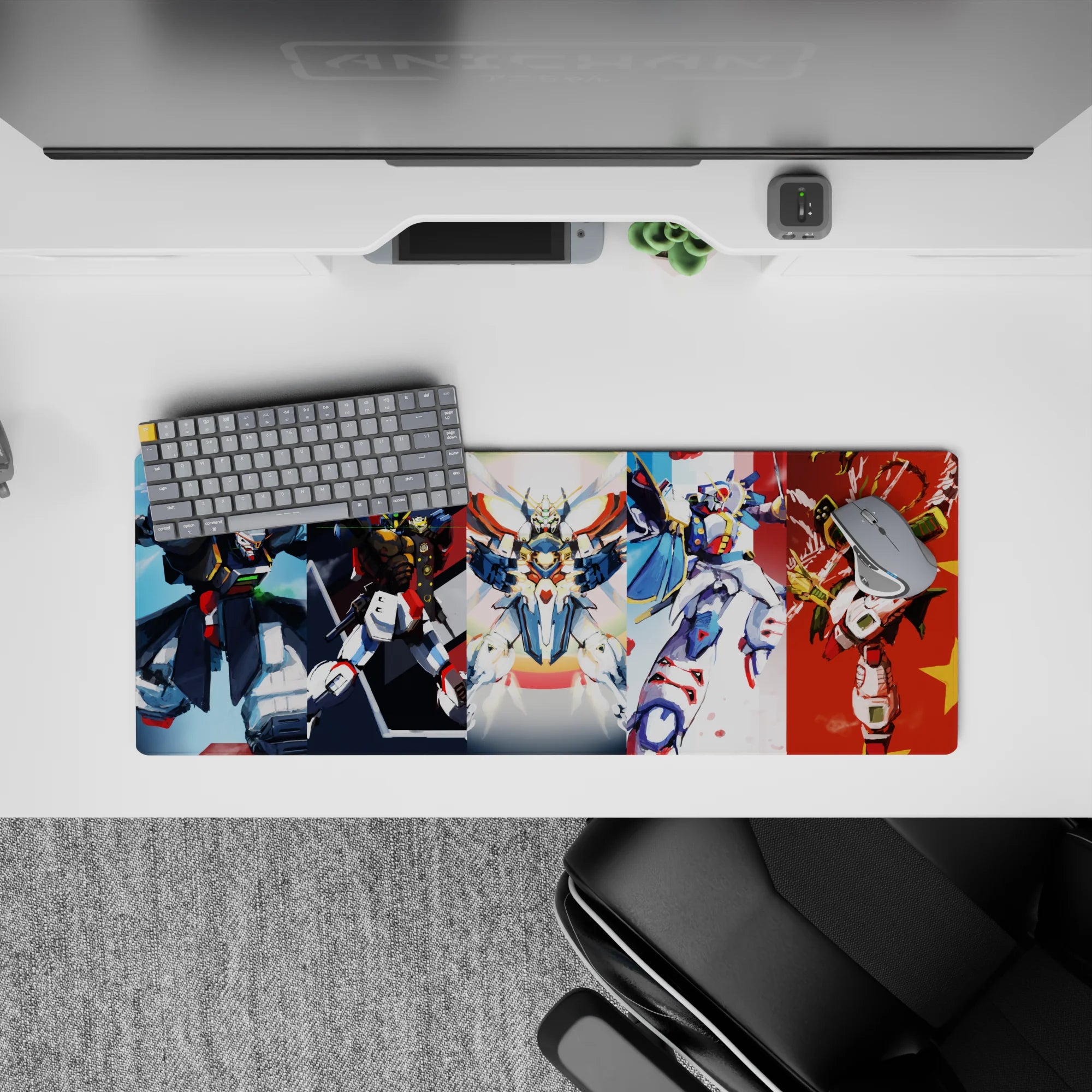 32x12 inches anime mouse pad in bold reds, clean whites, cool blues, with a soft rainbow halo and wild energy.