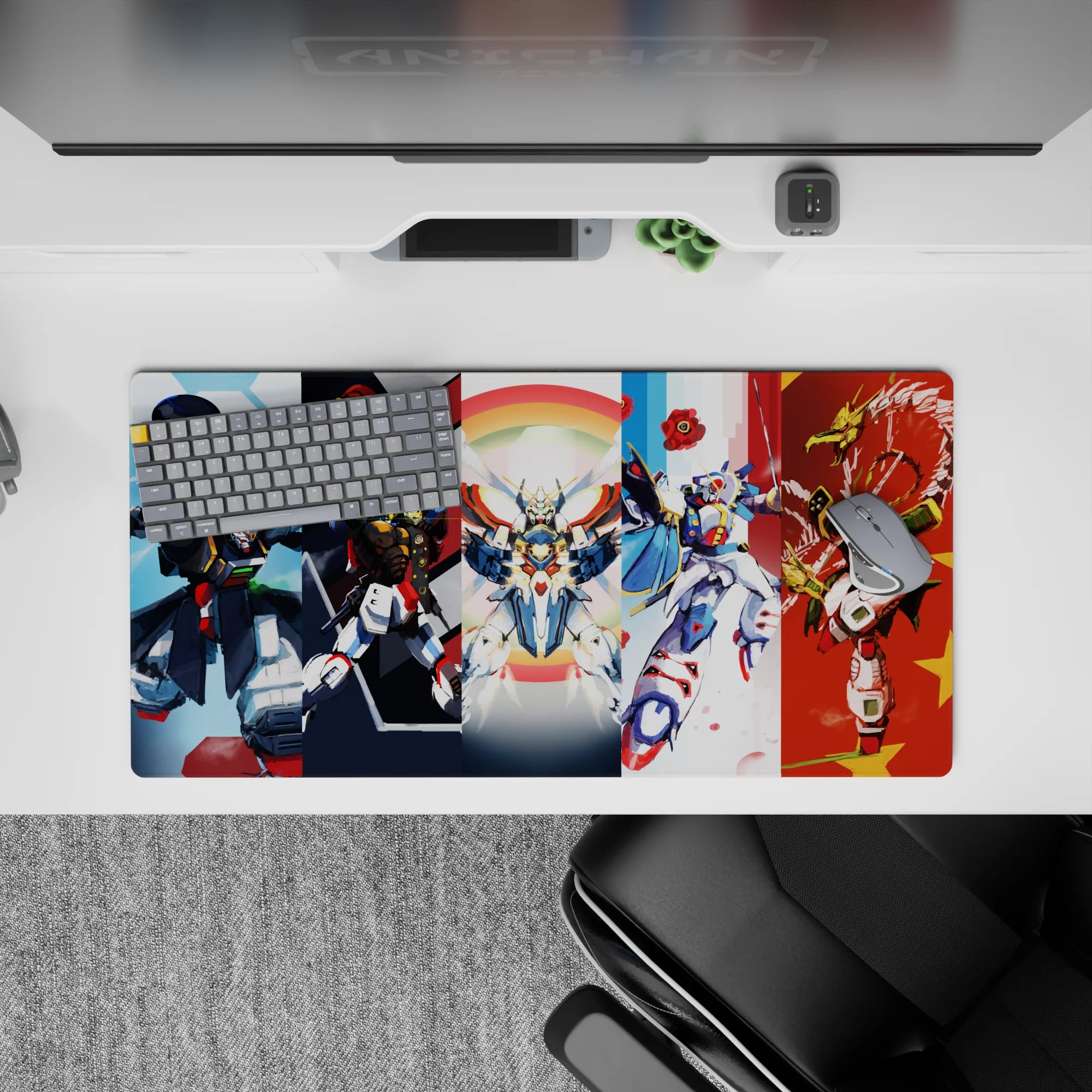 32x16 inches anime mouse pad in red, white, and cool blues with a soft rainbow halo, crisp and wild.