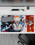 32x16 inches anime mouse pad in red, white, and cool blues with a soft rainbow halo, crisp and wild.