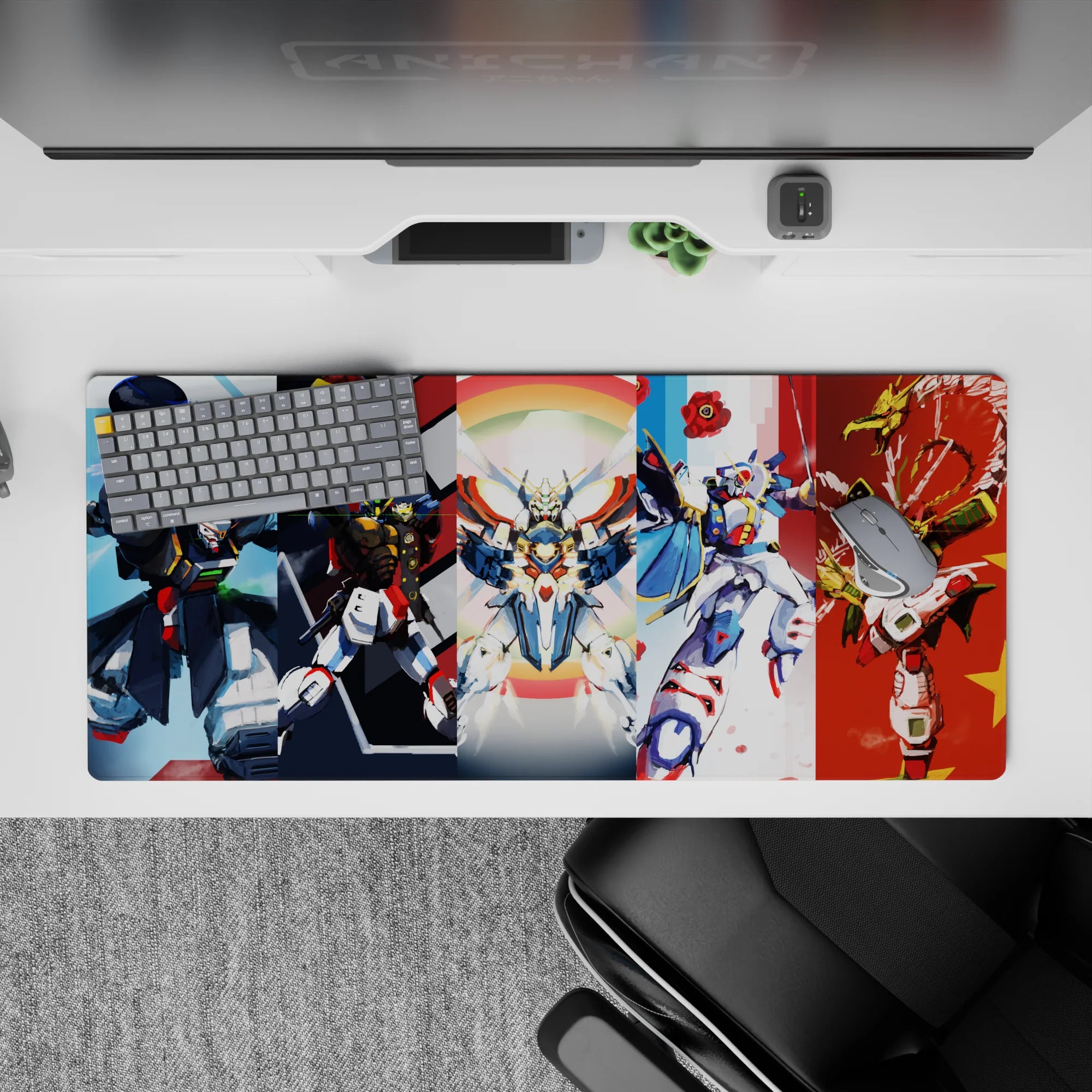 Colorful 36x16 inches anime desk pad with bold reds, clean whites, cool blues, and a soft rainbow halo.