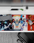 Colorful 36x16 inches anime desk pad with bold reds, clean whites, cool blues, and a soft rainbow halo.