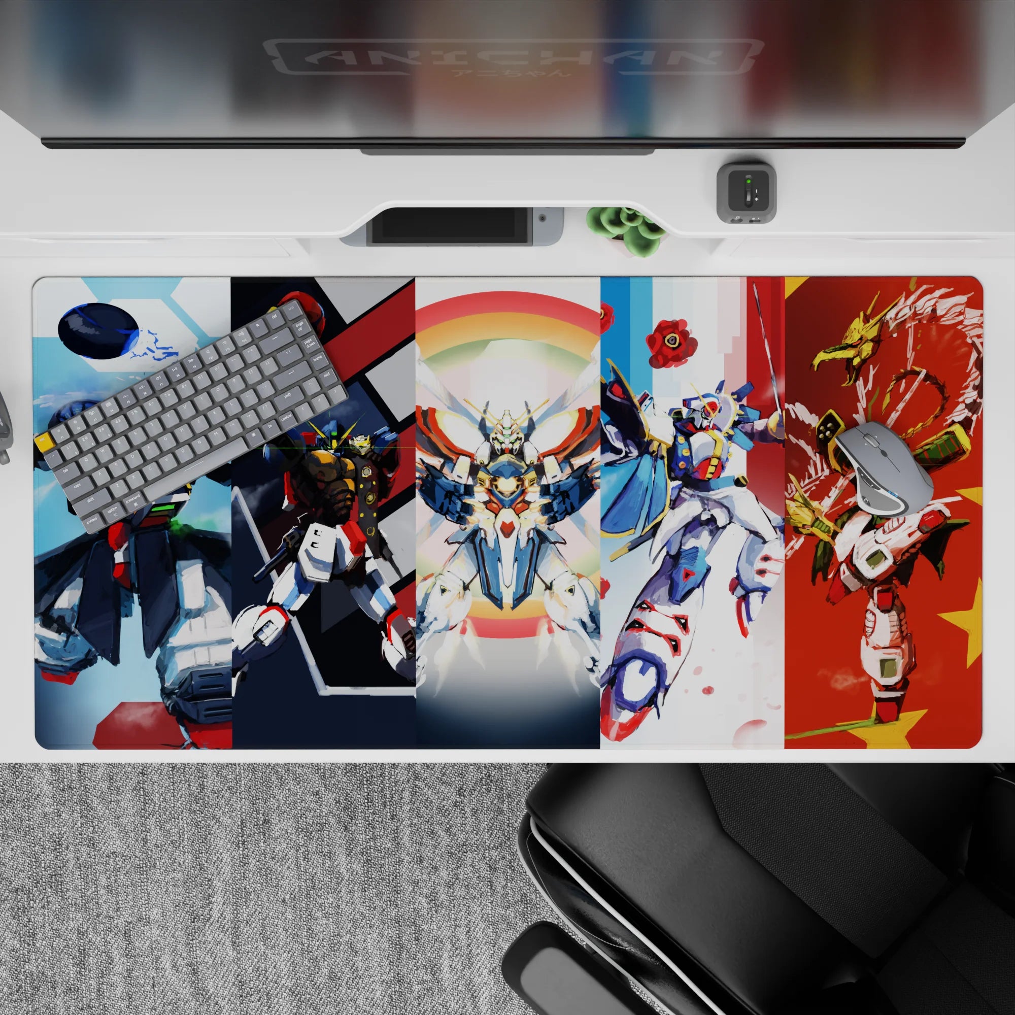 Vibrant red, white, and blue anime desk pad with soft rainbow halo glow, 40x20 inches.