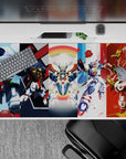 Vibrant red, white, and blue anime desk pad with soft rainbow halo glow, 40x20 inches.