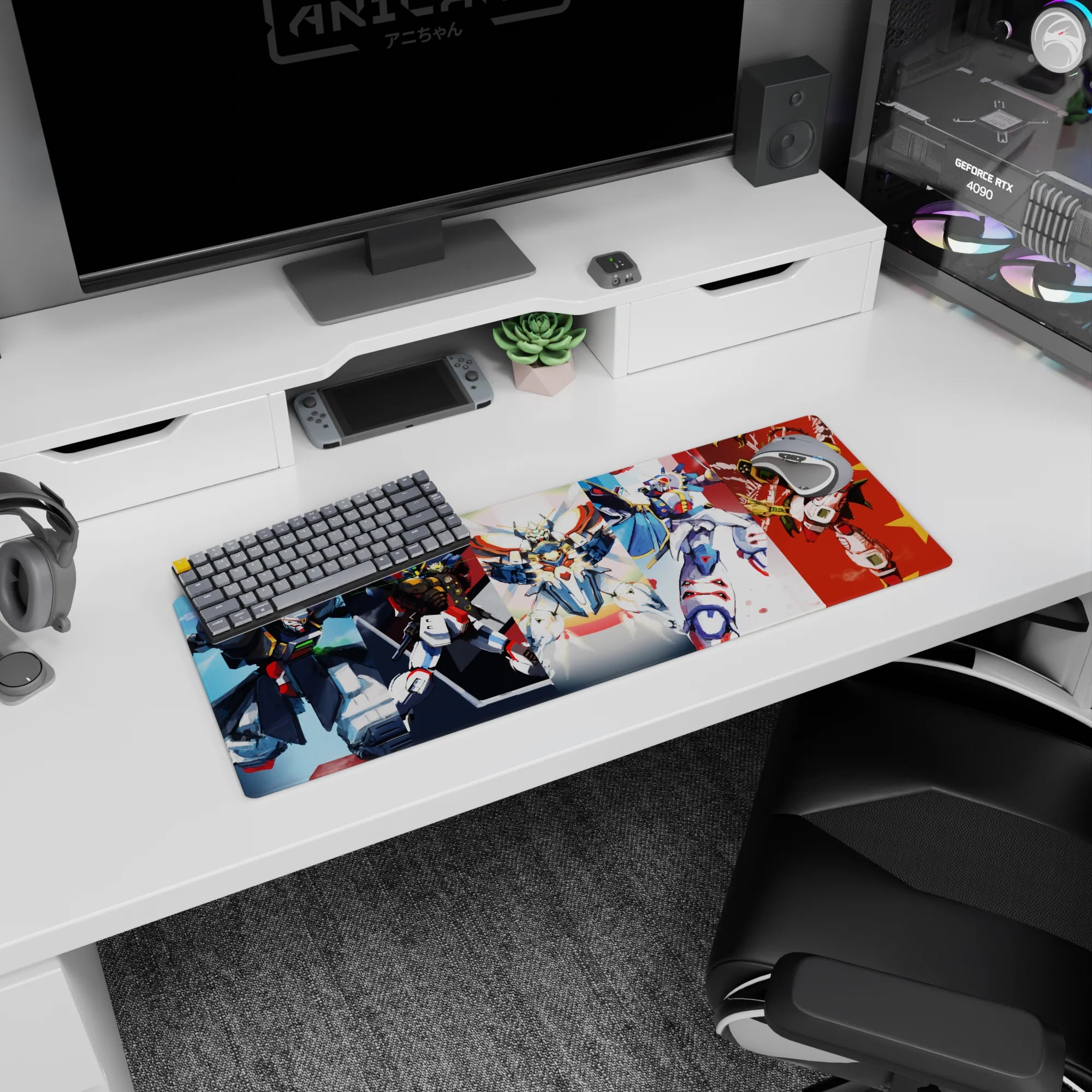 32x12 inches anime mouse pad featuring Wing Gundam Zero centered with the full team posing like they own your desk.