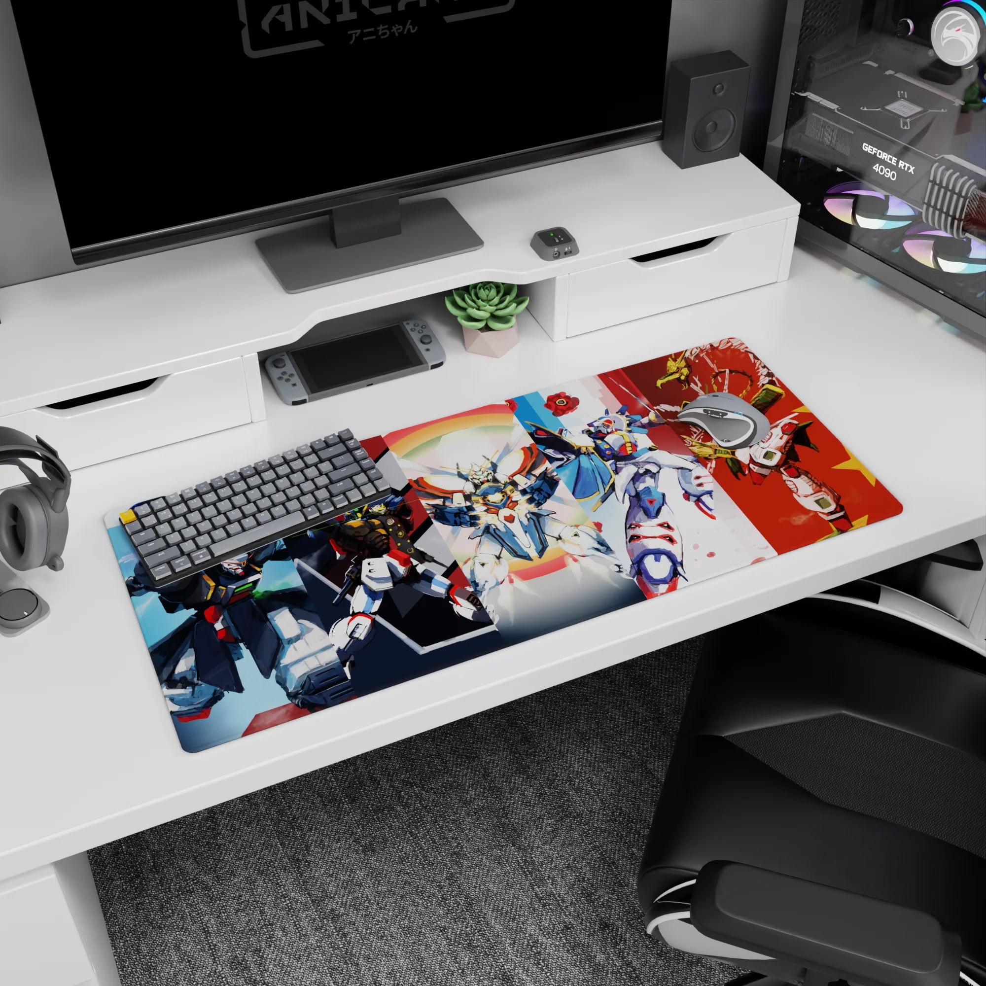 Wing Gundam Zero centered on a 36x16 inches anime desk pad, flanked by Sandrock, Shenlong, and allies.