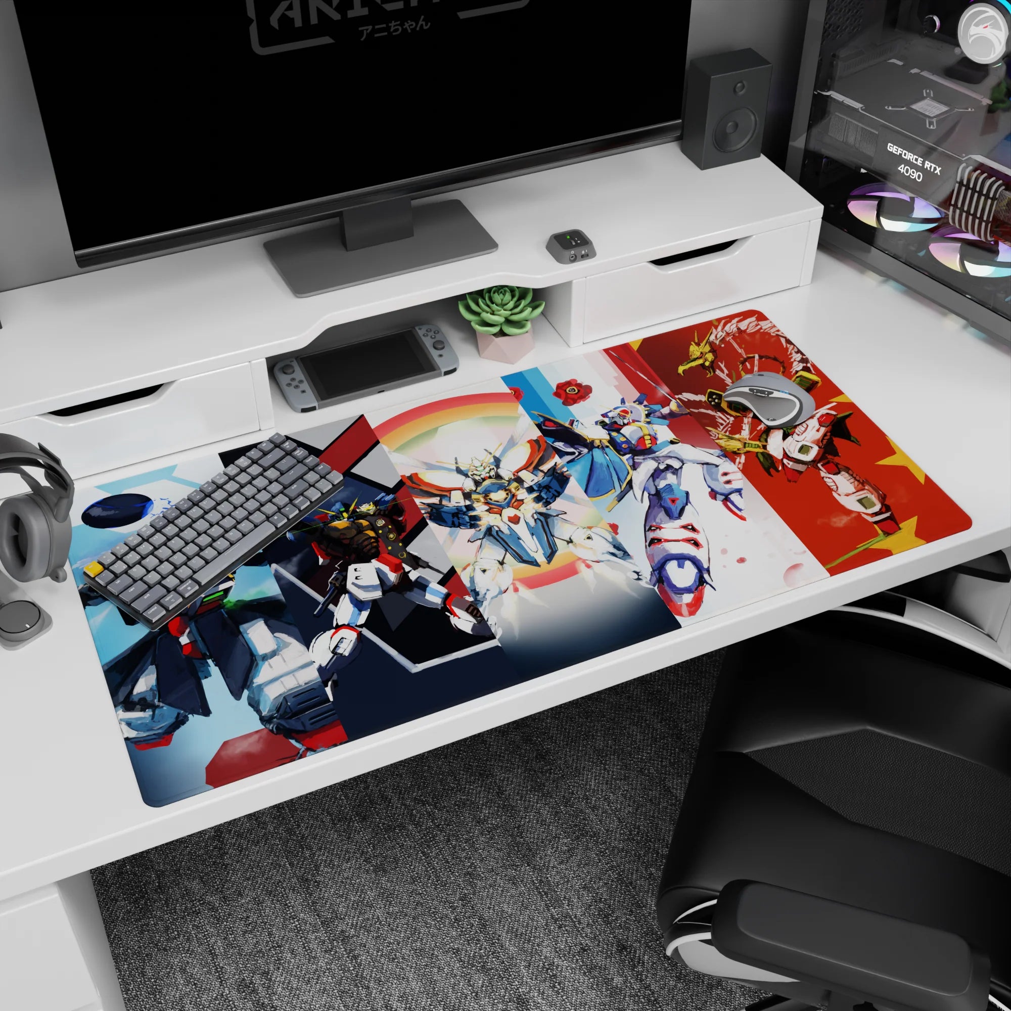 Wing Gundam Zero center pose with Sandrock, Shenlong, Heavyarms, Deathscythe desk pad, 40x20 inches.