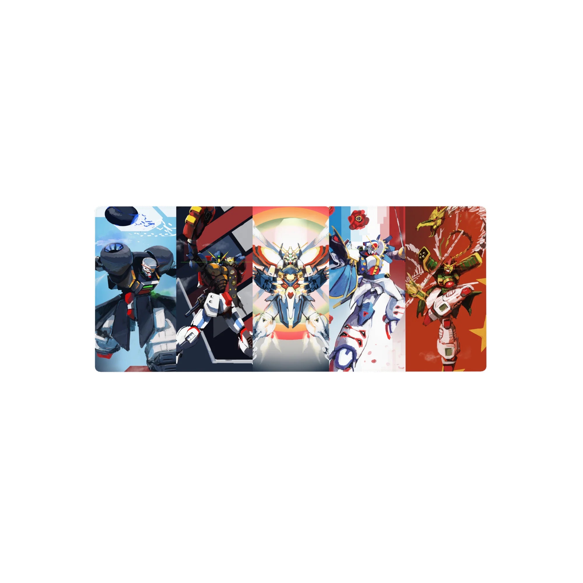 28x12 inches anime mouse pad with five Gundam mecha squad lineup in bold, crisp panel art.